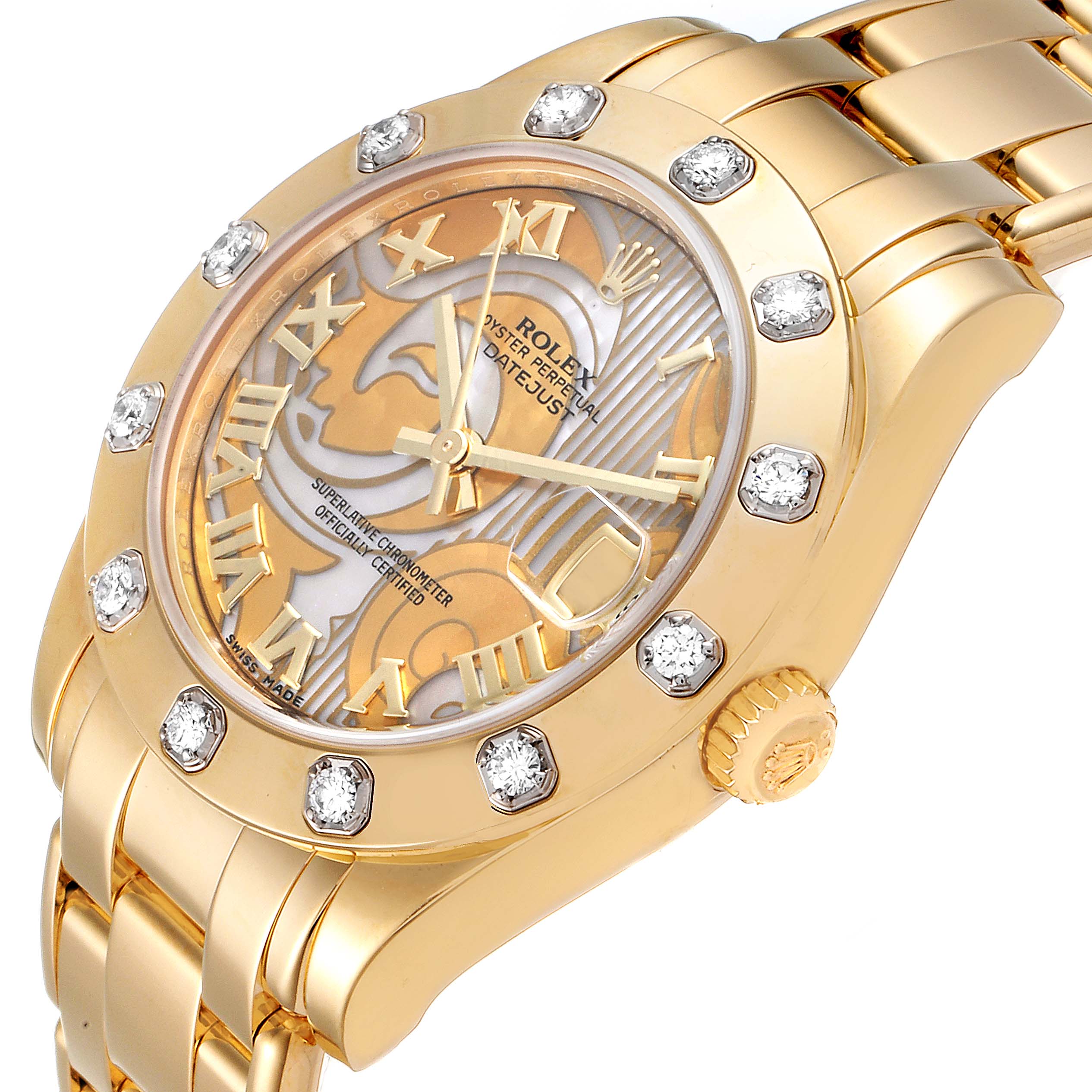 This image shows a Rolex Pearlmaster 81318 Women's Yellow Gold Mother of Pearl Dial 81318 Women's Yellow Gold Mother of Pearl Dial watch at an angle highlighting its face, bezel with diamonds, and gold bracelet.
