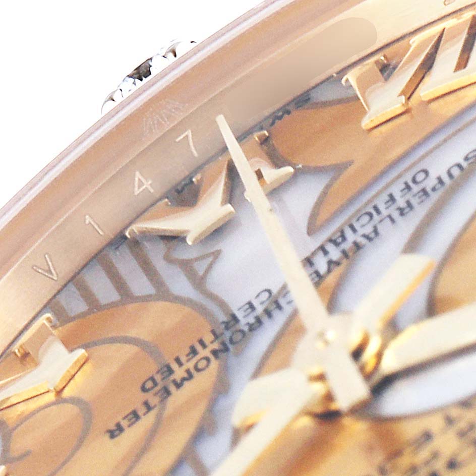 This image shows a close-up angle of the dial and Roman numerals on a Rolex Pearlmaster 81318 Women's Yellow Gold Mother of Pearl Dial 81318 Women's Yellow Gold Mother of Pearl Dial watch.
