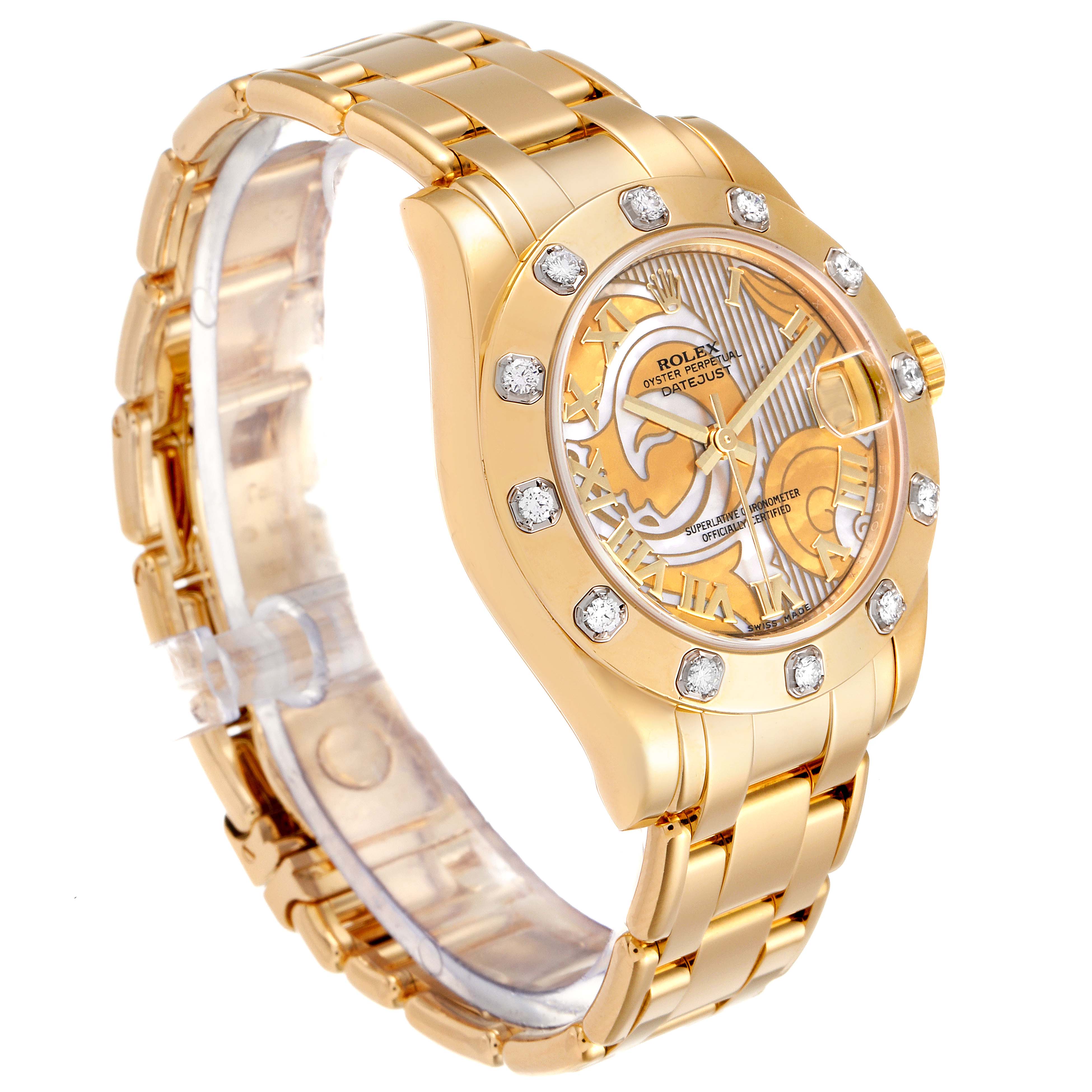 This image shows a side angle view of the Rolex Pearlmaster 81318 Women's Yellow Gold Mother of Pearl Dial 81318 Women's Yellow Gold Mother of Pearl Dial watch, showcasing its band, dial, and diamond-set bezel.