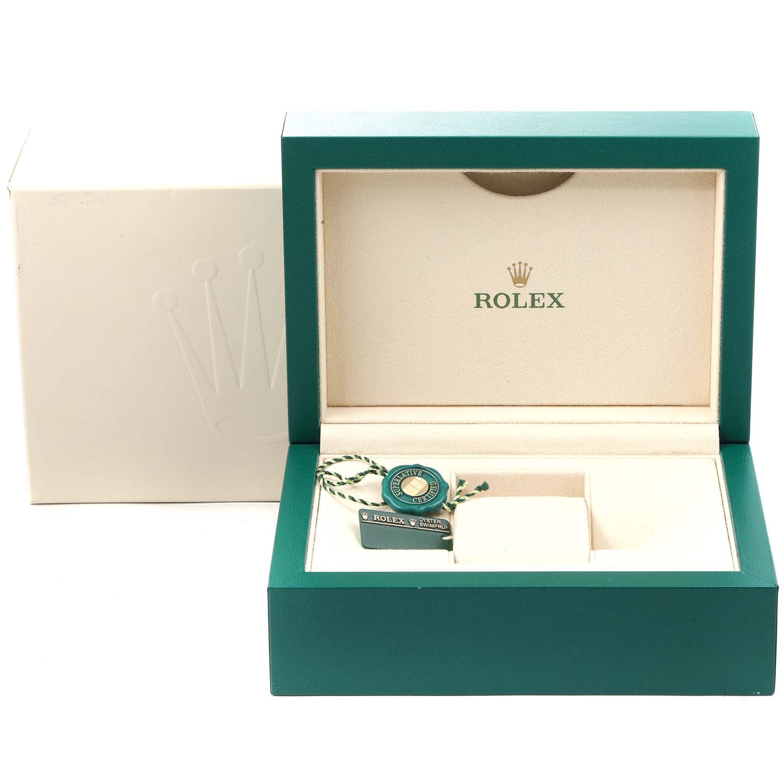The image shows the open green box and packaging for a Rolex Pearlmaster 81318 Women's Yellow Gold Mother of Pearl Dial 81318 Women's Yellow Gold Mother of Pearl Dial watch with a certification tag inside.