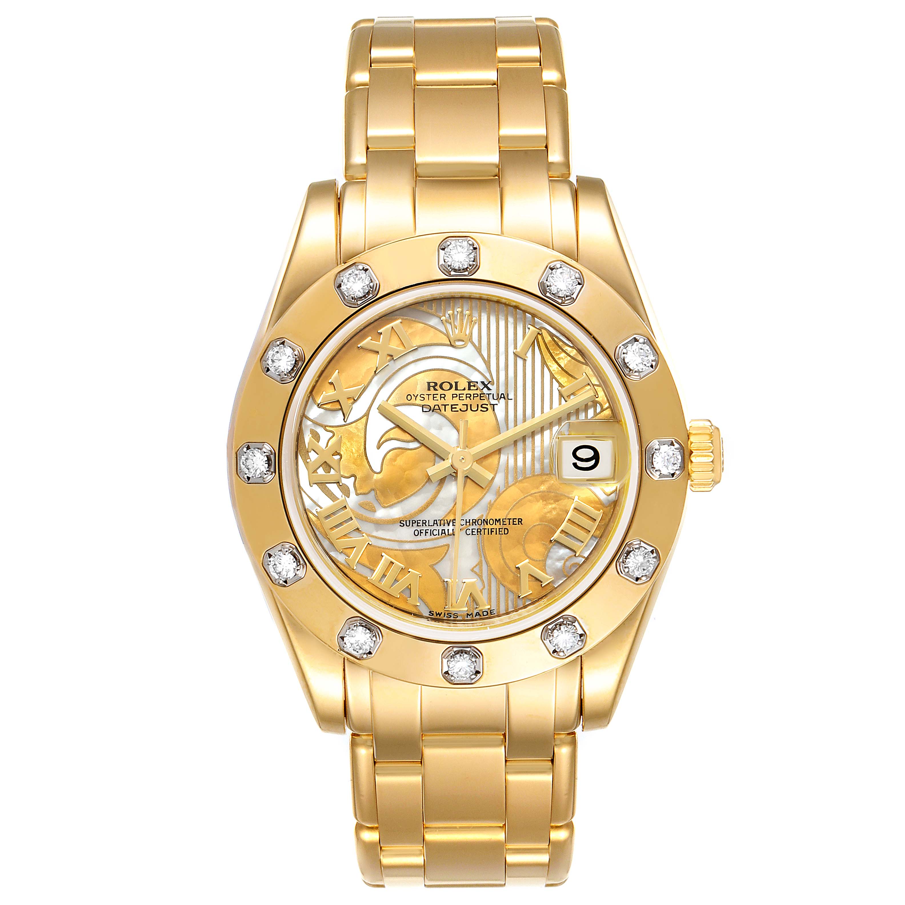 This image shows a front view of the Rolex Pearlmaster 81318 Women's Yellow Gold Mother of Pearl Dial 81318 Women's Yellow Gold Mother of Pearl Dial watch, highlighting its dial, bezel, bracelet, and crown.