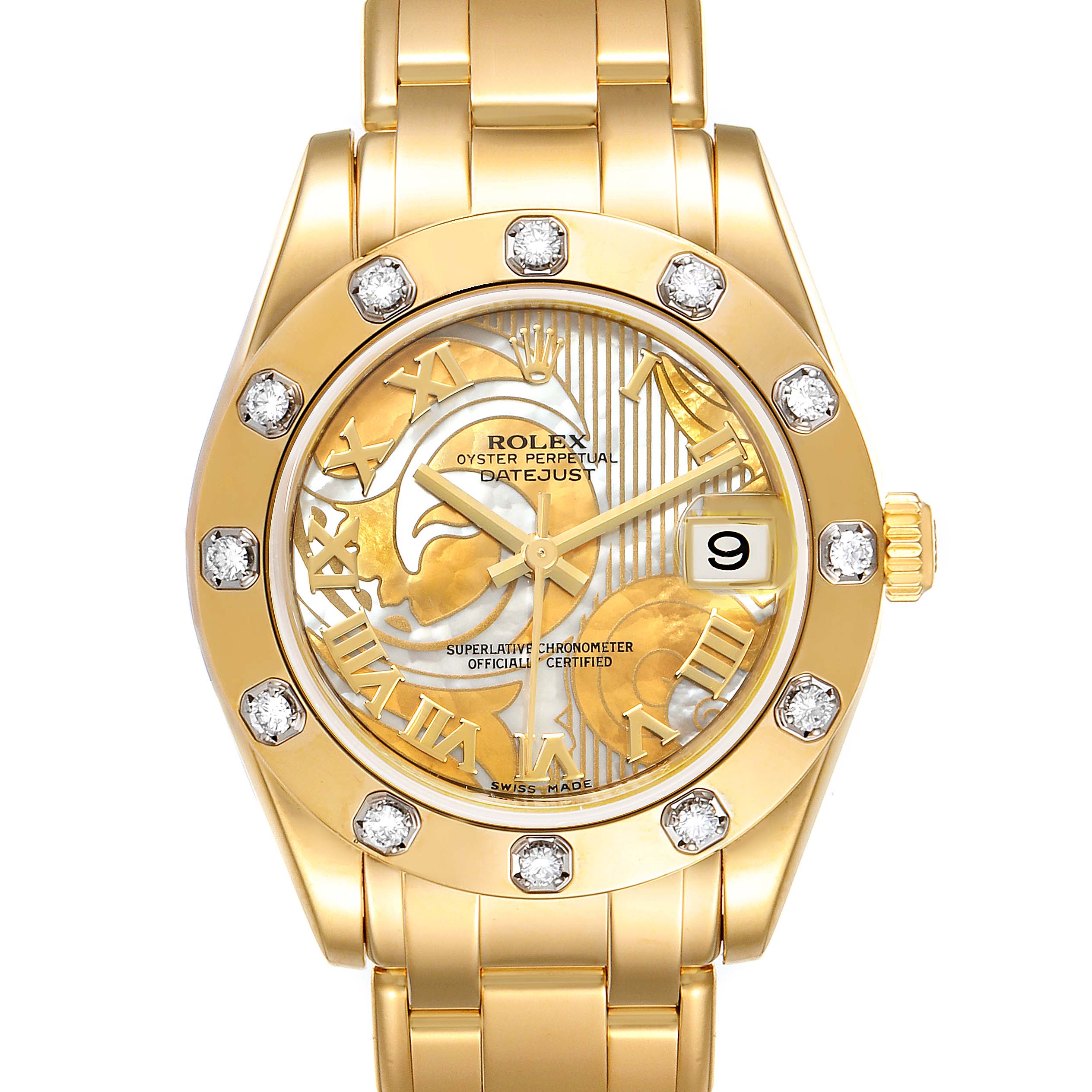 The image shows a front view of a Rolex Pearlmaster 81318 Women's Yellow Gold Mother of Pearl Dial 81318 Women's Yellow Gold Mother of Pearl Dial watch with a gold band, diamond bezel, and an intricate dial design.