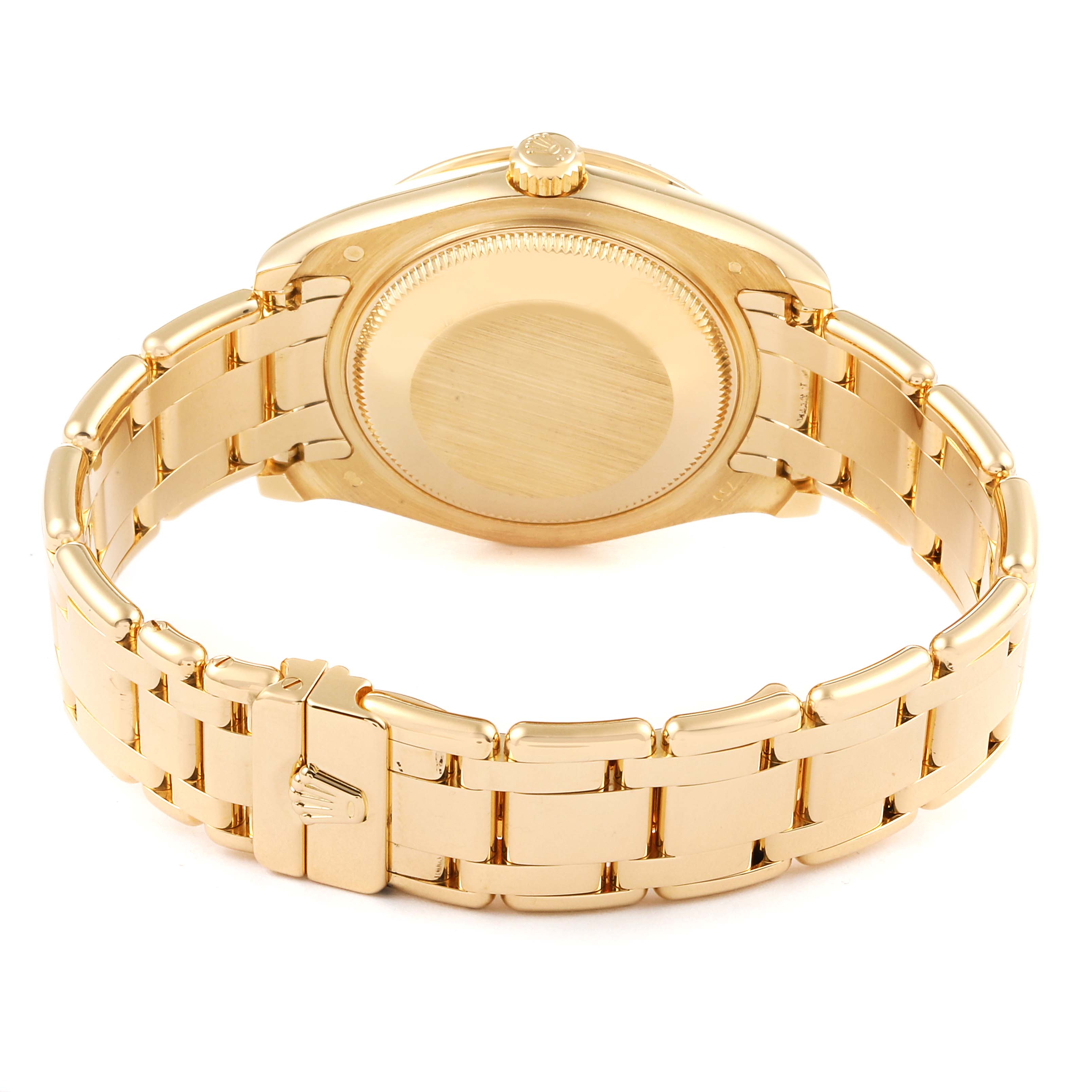 This image shows the back view of a Rolex Pearlmaster 81318 Women's Yellow Gold Mother of Pearl Dial 81318 Women's Yellow Gold Mother of Pearl Dial watch, highlighting its case back, crown, and bracelet.