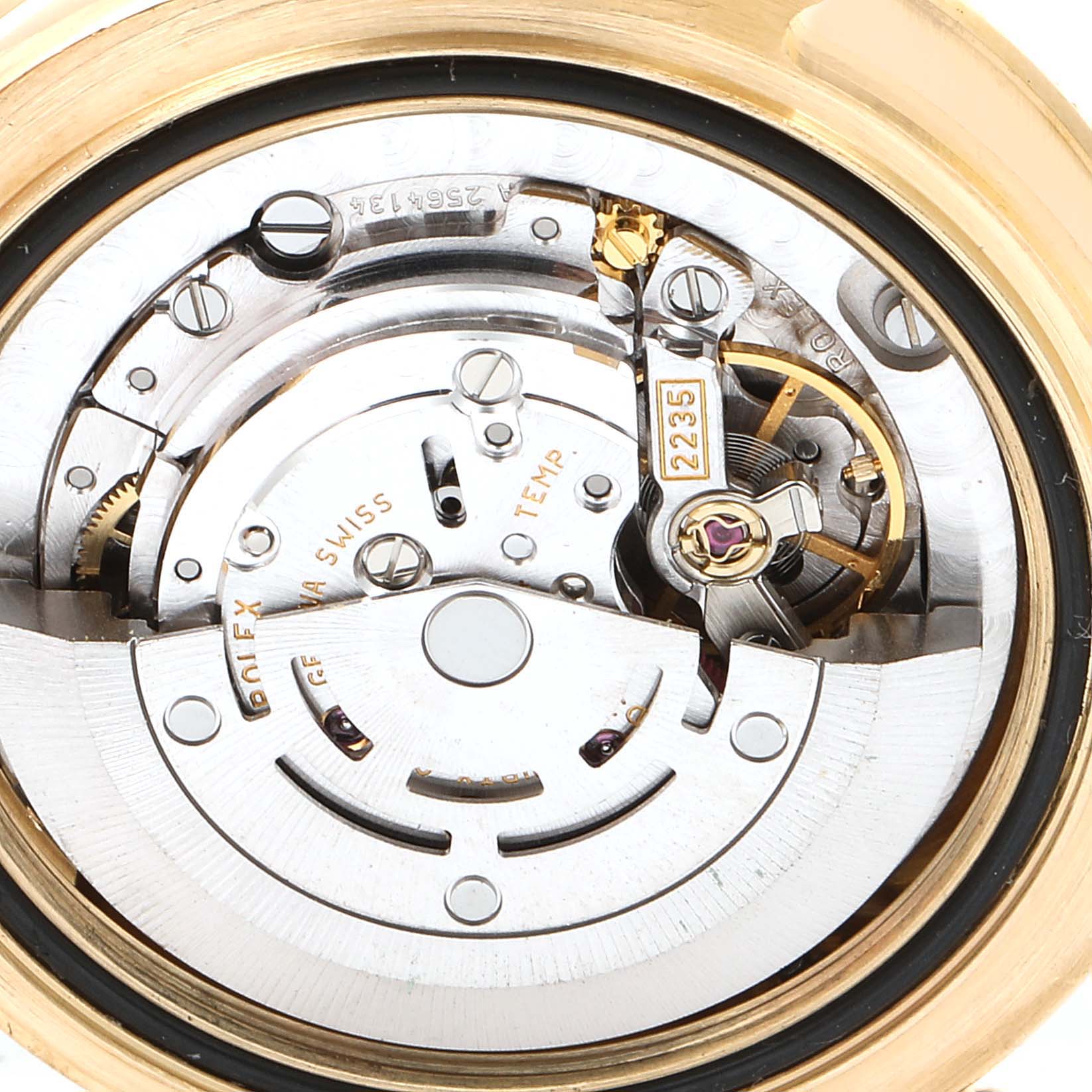 This image shows a close-up view of the movement mechanism inside a Rolex Pearlmaster 81318 Women's Yellow Gold Mother of Pearl Dial 81318 Women's Yellow Gold Mother of Pearl Dial watch.