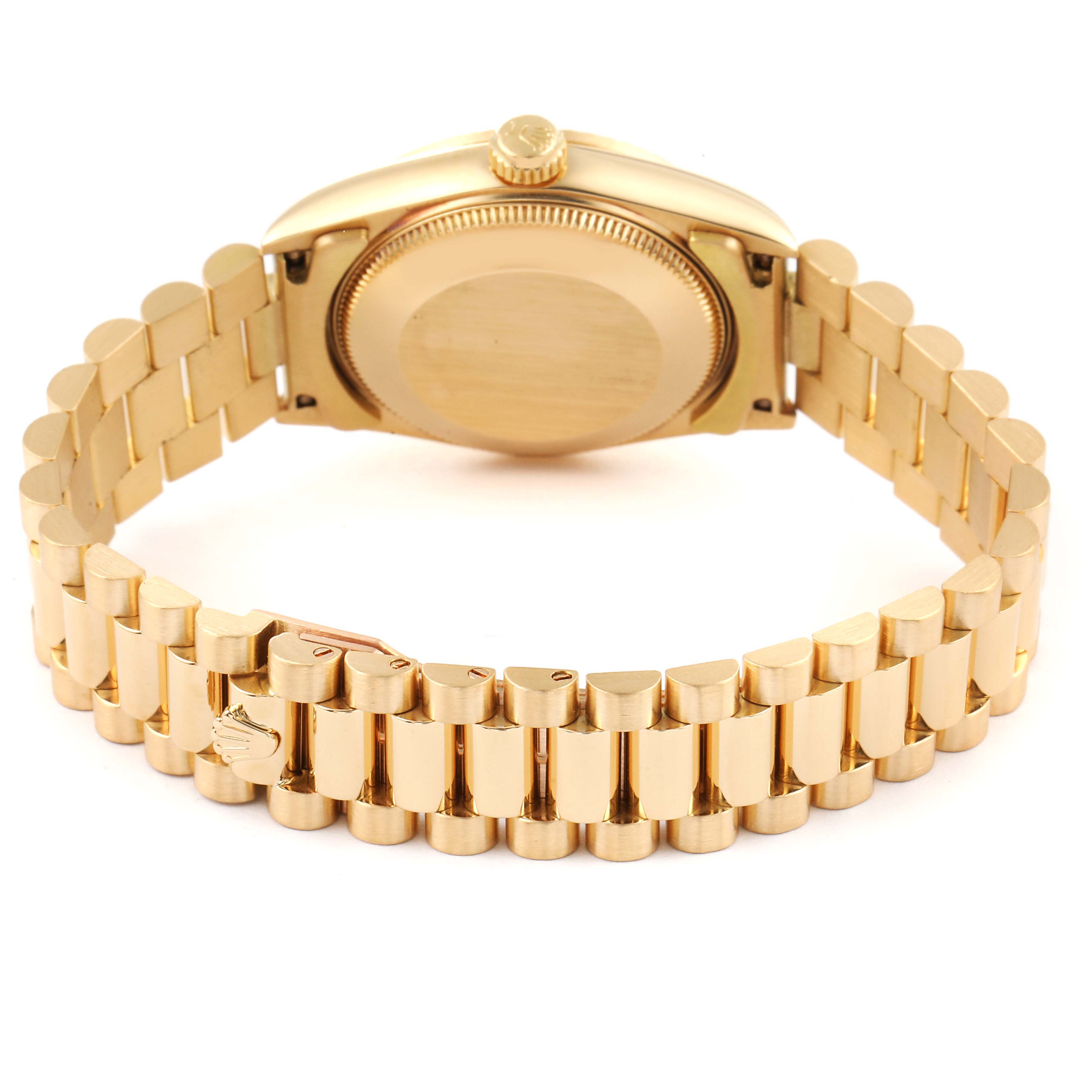 The image shows the backside and bracelet of a Rolex President 68278 Women
s Yellow Gold Champagne Dial 68278 Women
s Yellow Gold Champagne Dial model watch at a slightly tilted angle.