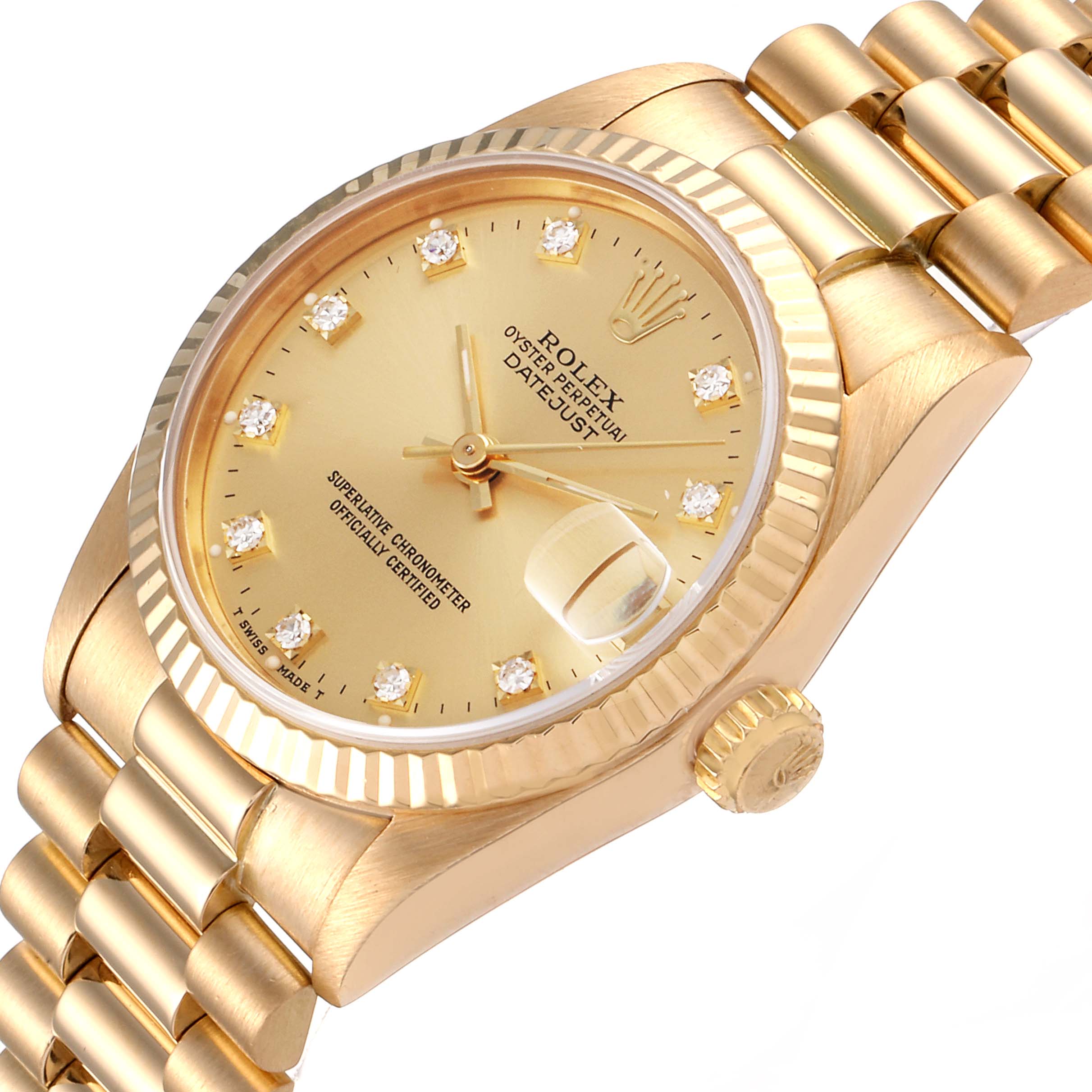 The image shows a gold Rolex President 68278 Women
s Yellow Gold Champagne Dial 68278 Women
s Yellow Gold Champagne Dial model watch at a slight angle, highlighting the face, bezel, and part of the bracelet.
