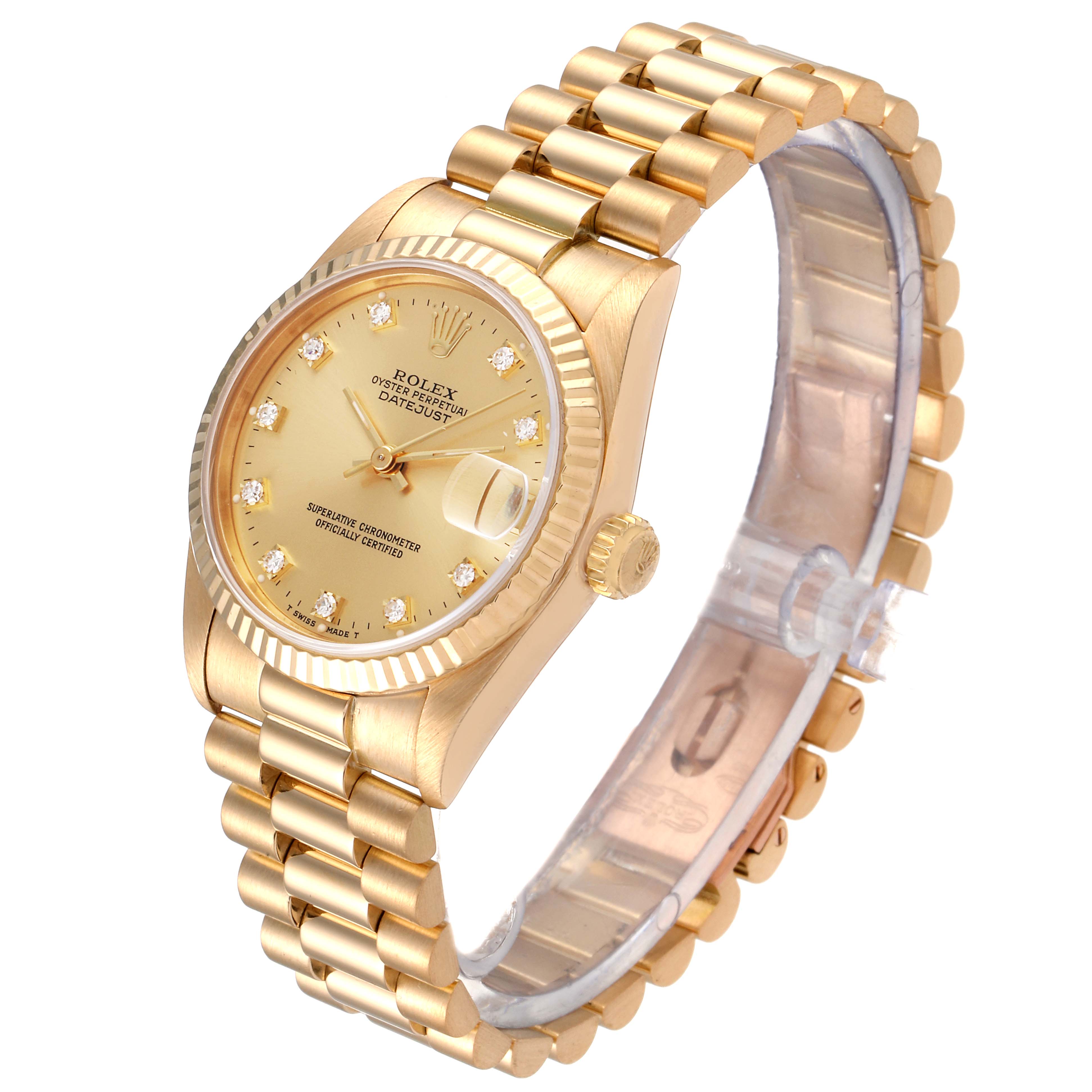 The image shows a Rolex President 68278 Women
s Yellow Gold Champagne Dial 68278 Women
s Yellow Gold Champagne Dial model watch at a slight angle, highlighting the face, bezel, crown, and bracelet.
