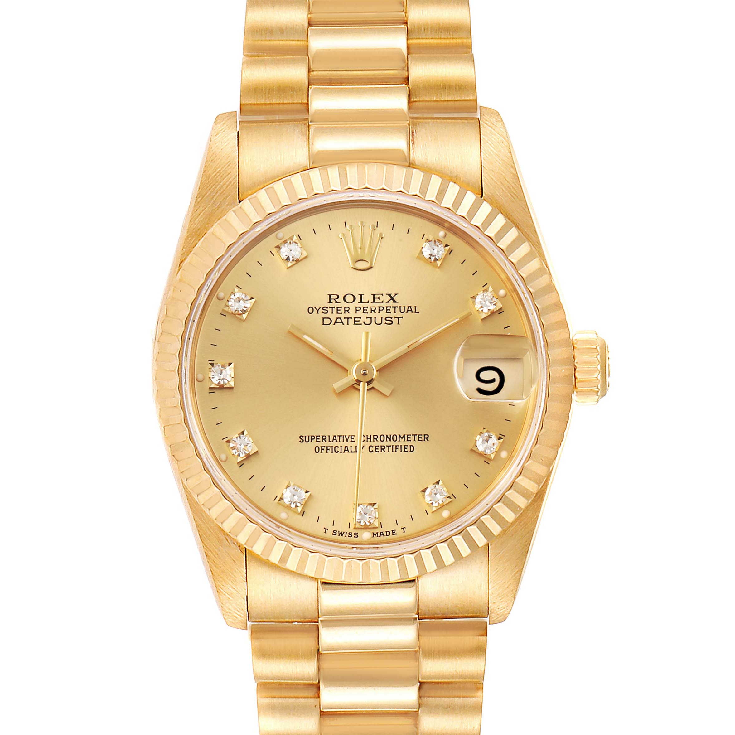 This is a front angle view of a Rolex President 68278 Women
s Yellow Gold Champagne Dial 68278 Women
s Yellow Gold Champagne Dial model watch, showing the dial, bracelet, and date window.