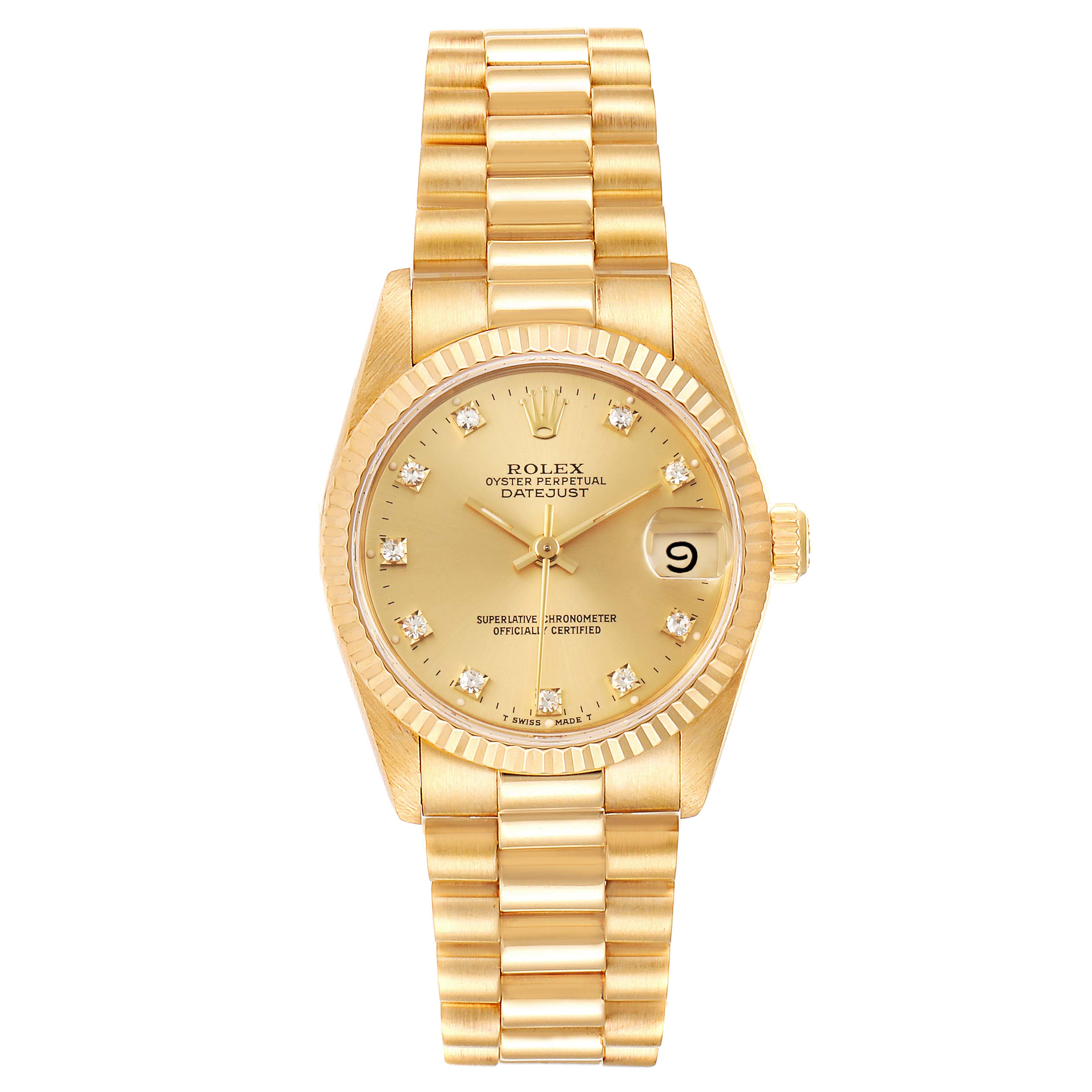 This image showcases the Rolex President 68278 Women
s Yellow Gold Champagne Dial 68278 Women
s Yellow Gold Champagne Dial model watch from the front, displaying its gold band, dial, hands, and date window.