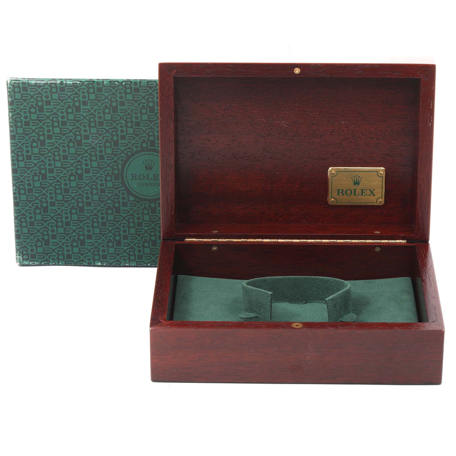 The image shows the open box of a Rolex President 68278 Women
s Yellow Gold Champagne Dial 68278 Women
s Yellow Gold Champagne Dial model watch, featuring a wooden case with green interior and a Rolex plaque.