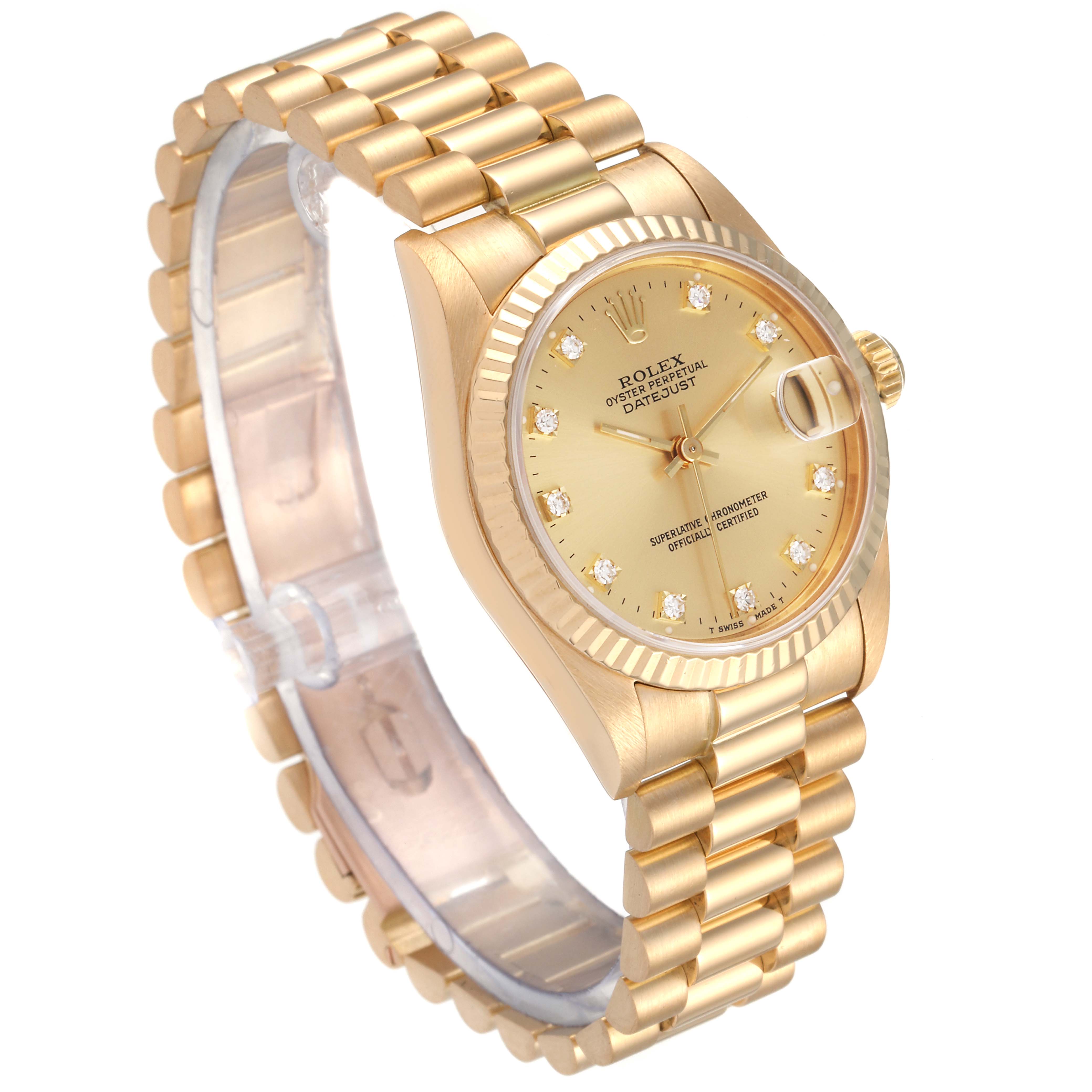 The Rolex President 68278 Women
s Yellow Gold Champagne Dial 68278 Women
s Yellow Gold Champagne Dial model watch is shown at a three-quarter view, displaying its gold bracelet, dial, and fluted bezel.