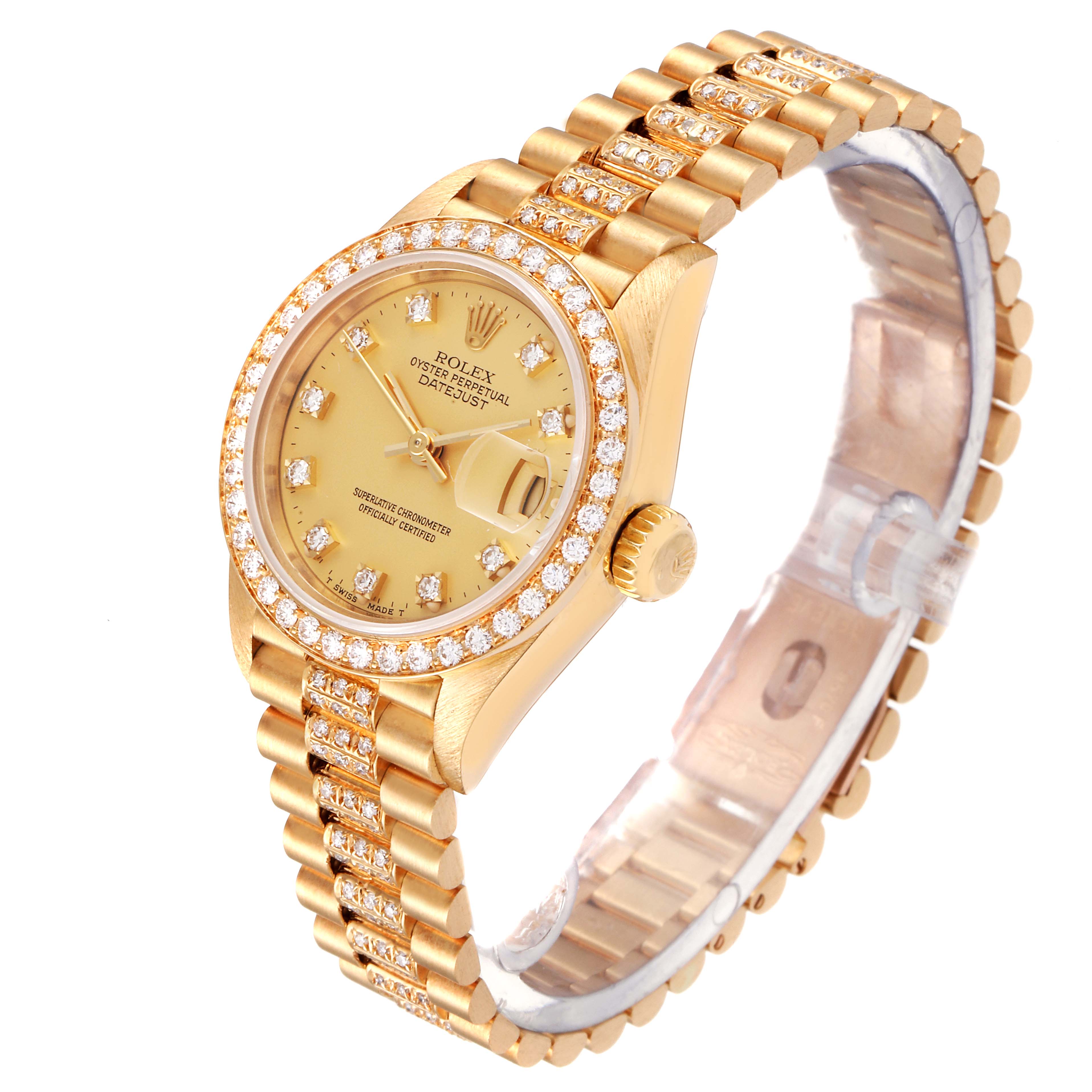 This image shows a Rolex President 69138 Women's Yellow Gold Champagne Dial 69138 Women's Yellow Gold Champagne Dial model watch at a slight angle, highlighting the face, bezel, crown, and bracelet.