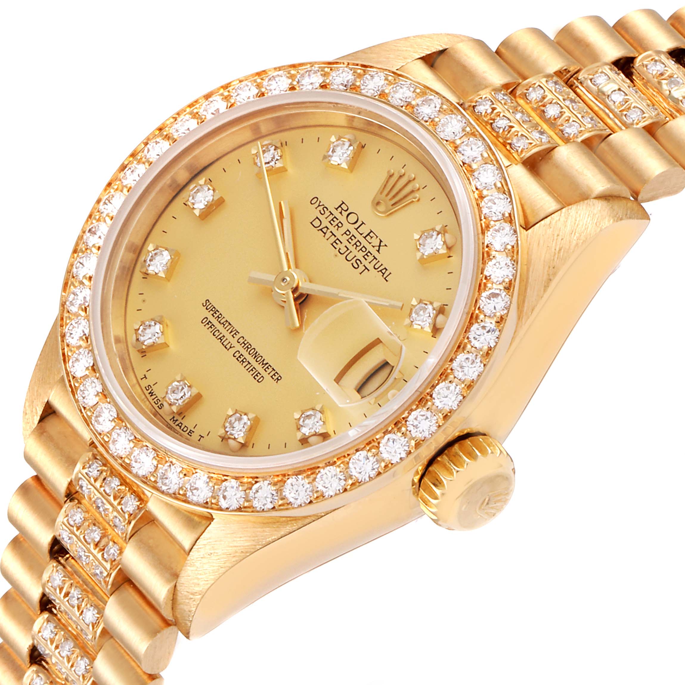 This image shows the Rolex President 69138 Women's Yellow Gold Champagne Dial 69138 Women's Yellow Gold Champagne Dial model watch from an angled view, highlighting the face, bezel, and part of the bracelet.