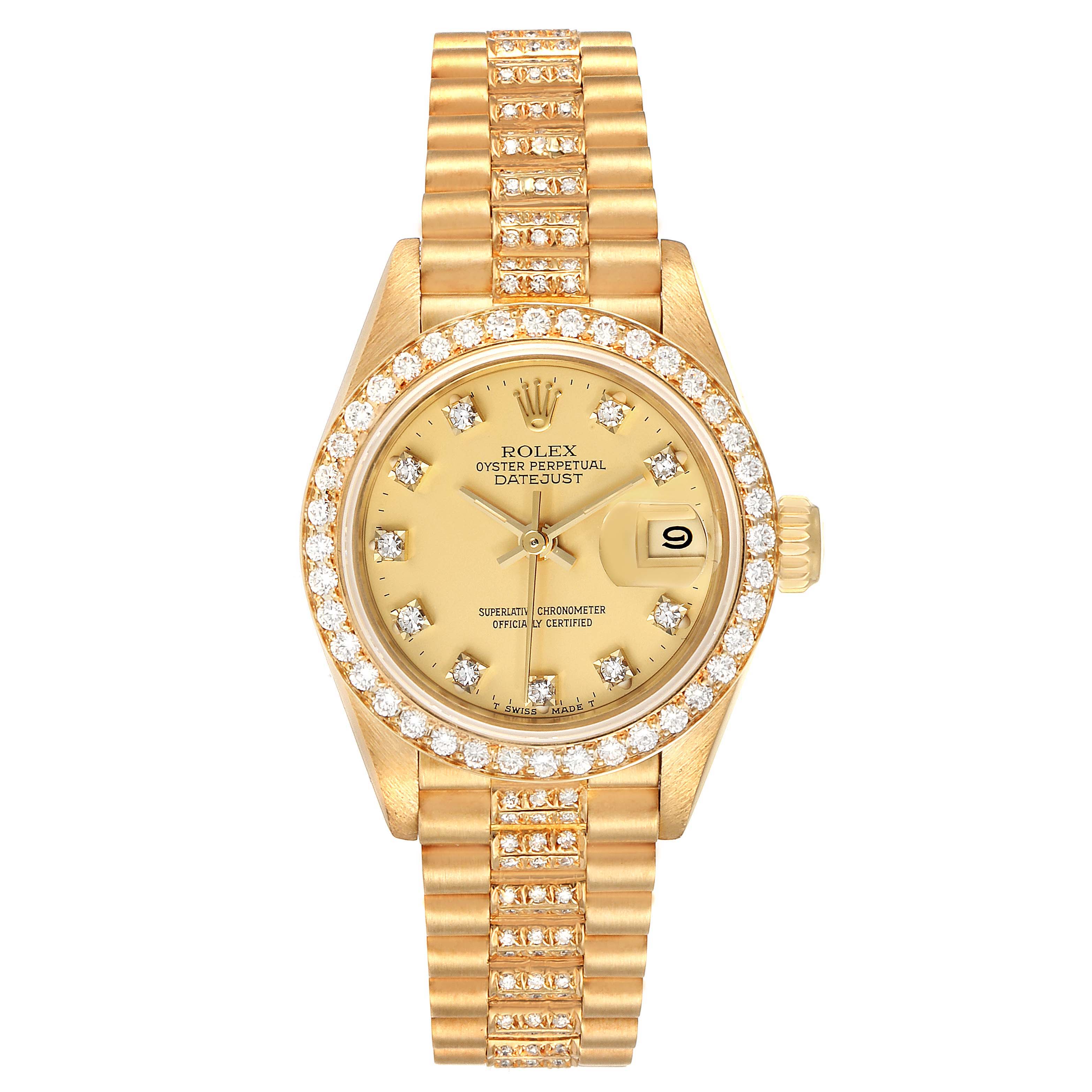The Rolex President 69138 Women's Yellow Gold Champagne Dial 69138 Women's Yellow Gold Champagne Dial model watch is shown from a top-down angle, displaying the face, bezel, and bracelet.