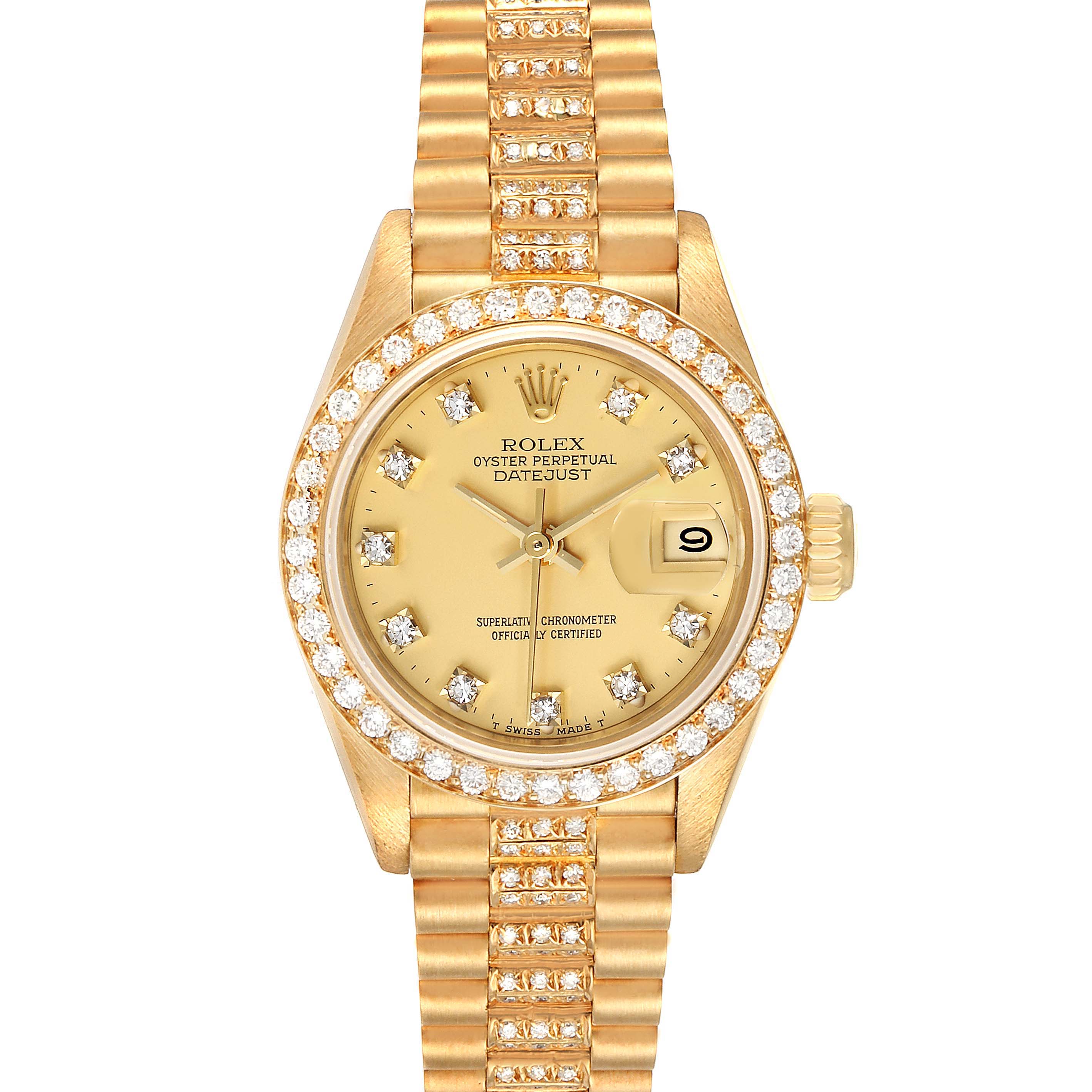 The Rolex President 69138 Women's Yellow Gold Champagne Dial 69138 Women's Yellow Gold Champagne Dial model watch is shown from a top-down angle, displaying its gold band, diamond bezel, and face with date indicator.