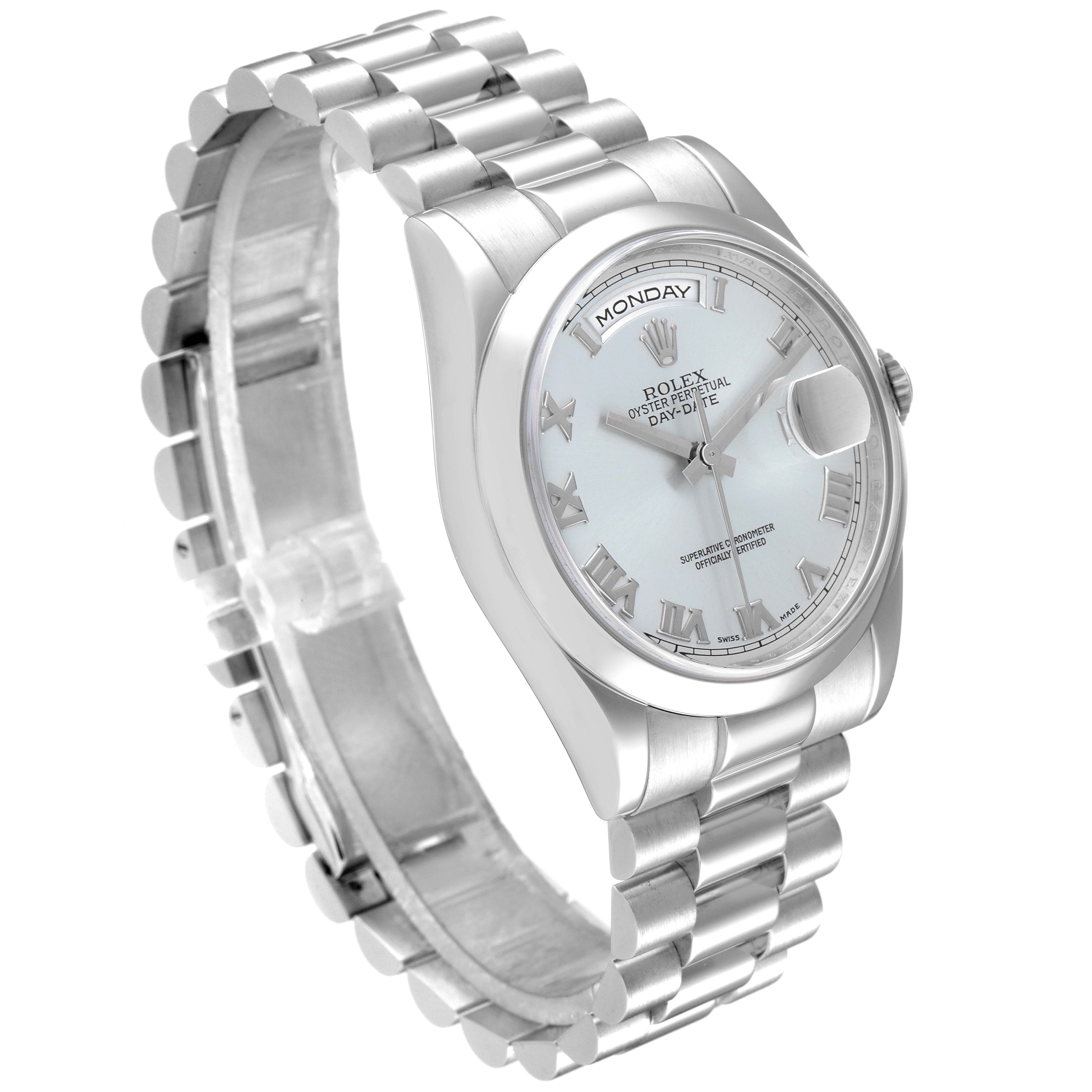 The Rolex President 118206 Men's Platinum Blue Dial 118206 Men's Platinum Blue Dial model watch is shown at a slight angle, displaying its face, bezel, and bracelet.