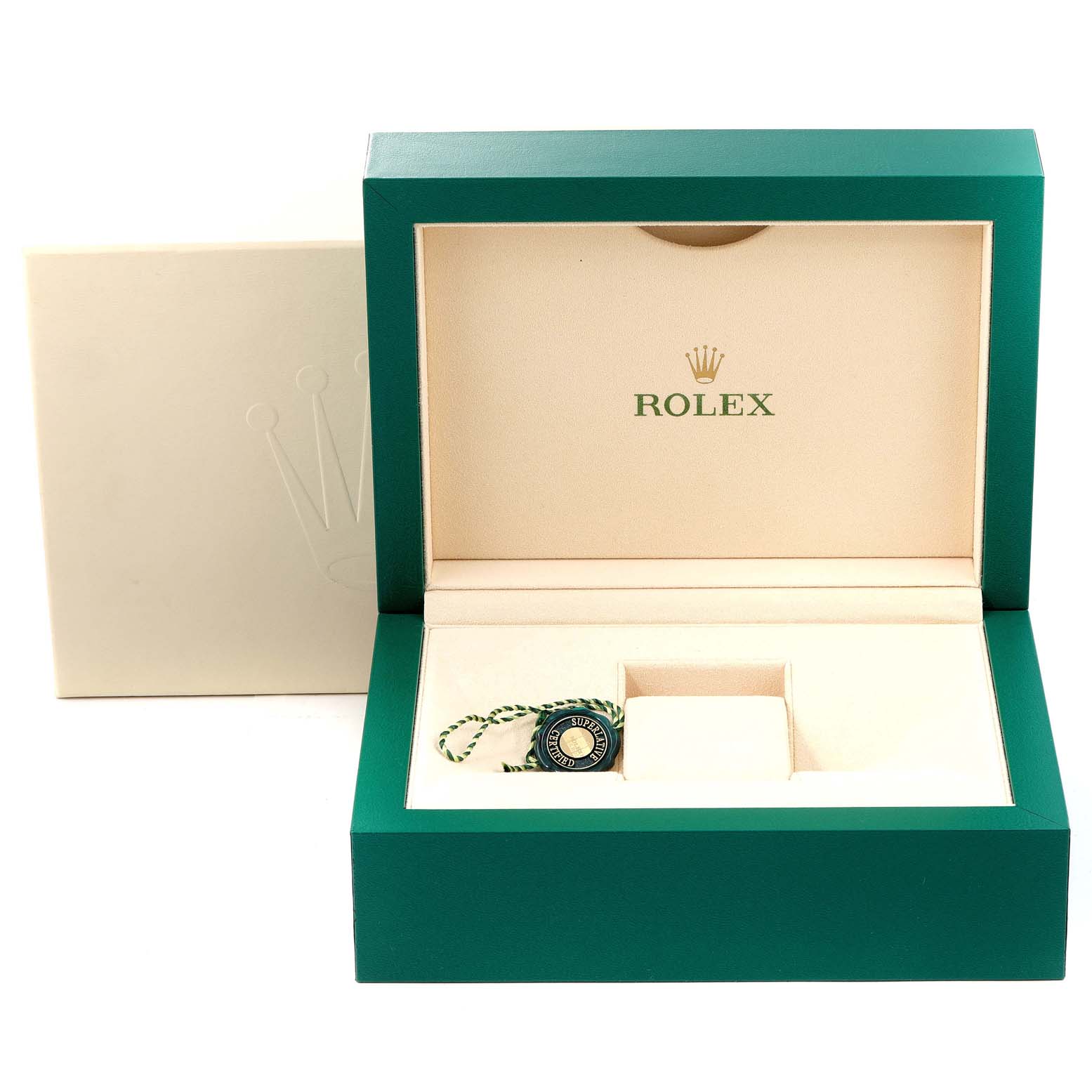 The image shows an open Rolex President 118206 Men's Platinum Blue Dial 118206 Men's Platinum Blue Dial watch box with a green Rolex hang tag inside.
