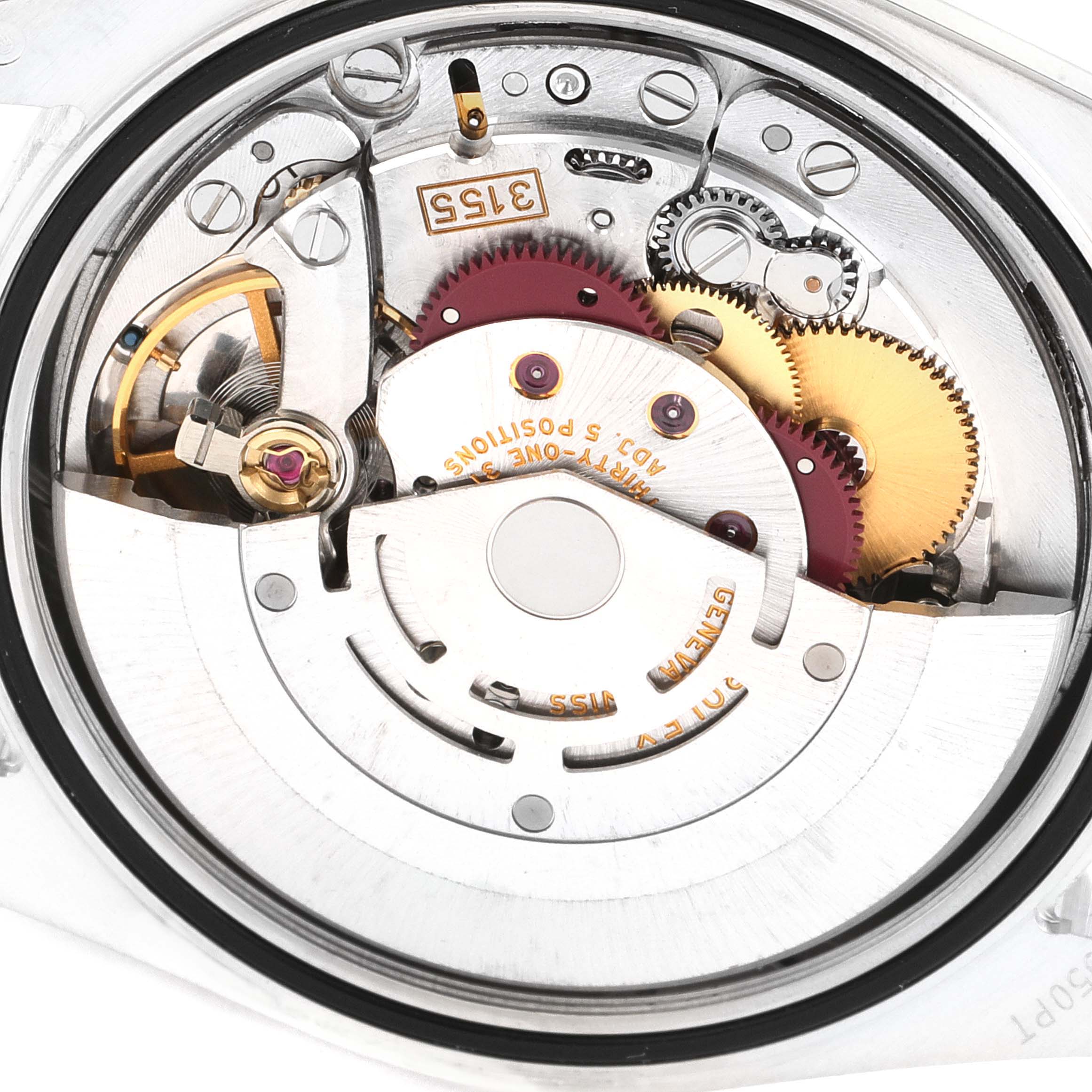 The image shows the internal mechanism of a Rolex President 118206 Men's Platinum Blue Dial 118206 Men's Platinum Blue Dial model watch, including gears and the oscillating weight from a close-up angle.