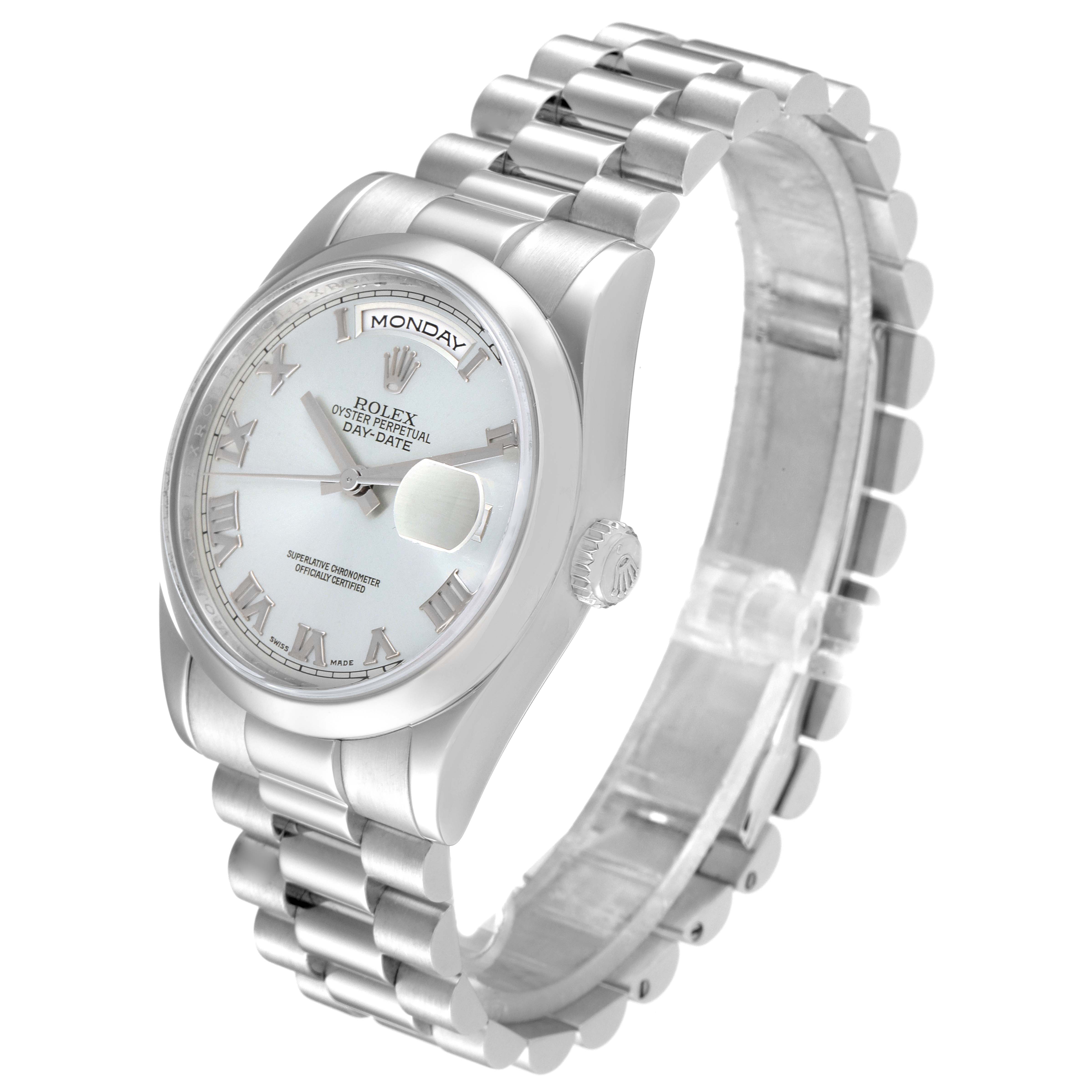 The Rolex President 118206 Men's Platinum Blue Dial 118206 Men's Platinum Blue Dial model watch is shown from a three-quarter angle, displaying the face, bezel, crown, and bracelet.