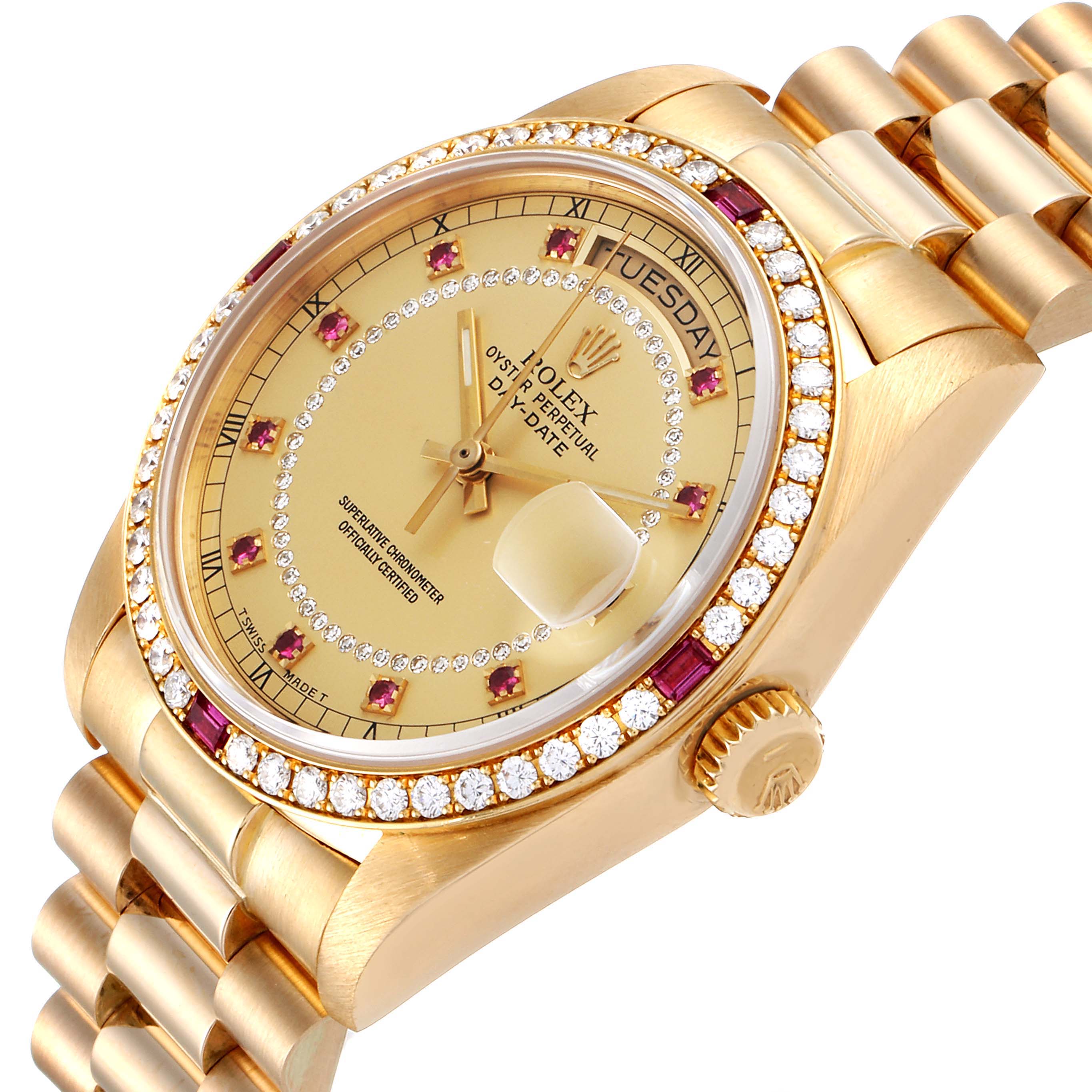 The image shows a Rolex President 18148 Men's Yellow Gold Champagne Dial 18148 Men's Yellow Gold Champagne Dial model watch at an angled close-up, highlighting the dial, bezel, and bracelet.