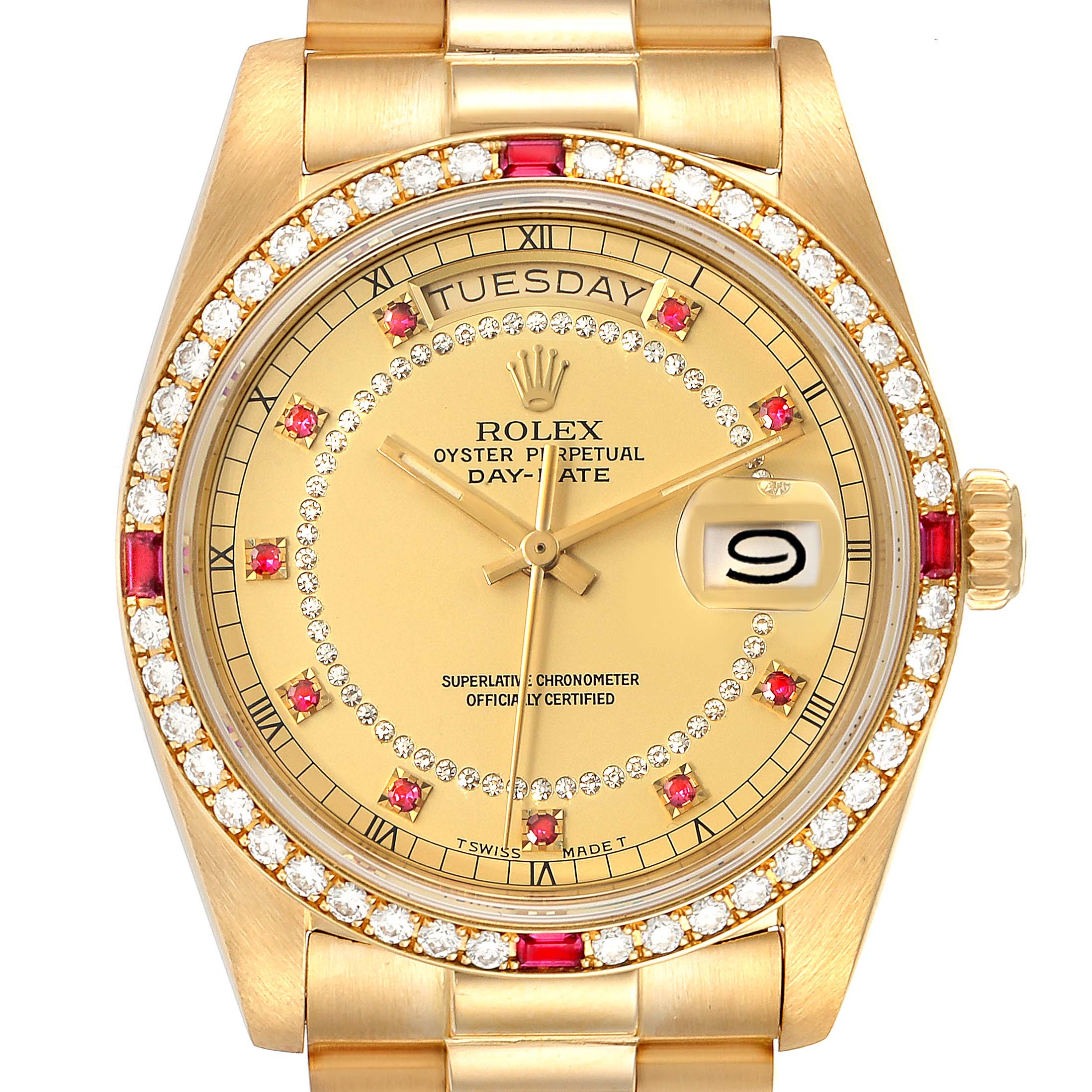 This image shows a frontal view of the Rolex President 18148 Men's Yellow Gold Champagne Dial 18148 Men's Yellow Gold Champagne Dial model watch, highlighting its gold-tone case, diamond bezel, and day-date display.