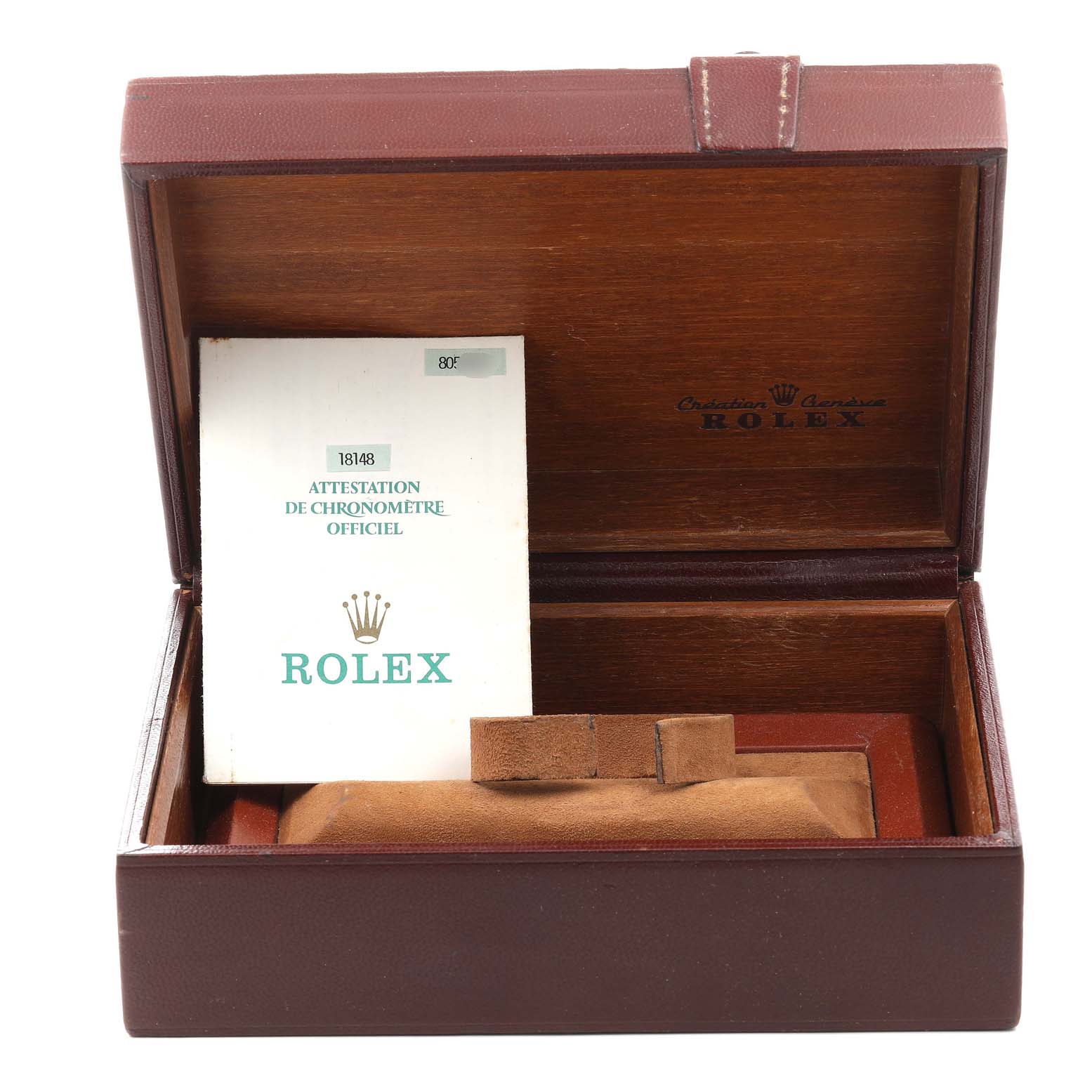 The image shows a Rolex President 18148 Men's Yellow Gold Champagne Dial 18148 Men's Yellow Gold Champagne Dial model watch box, with official documents and accessories inside, viewed from the front.