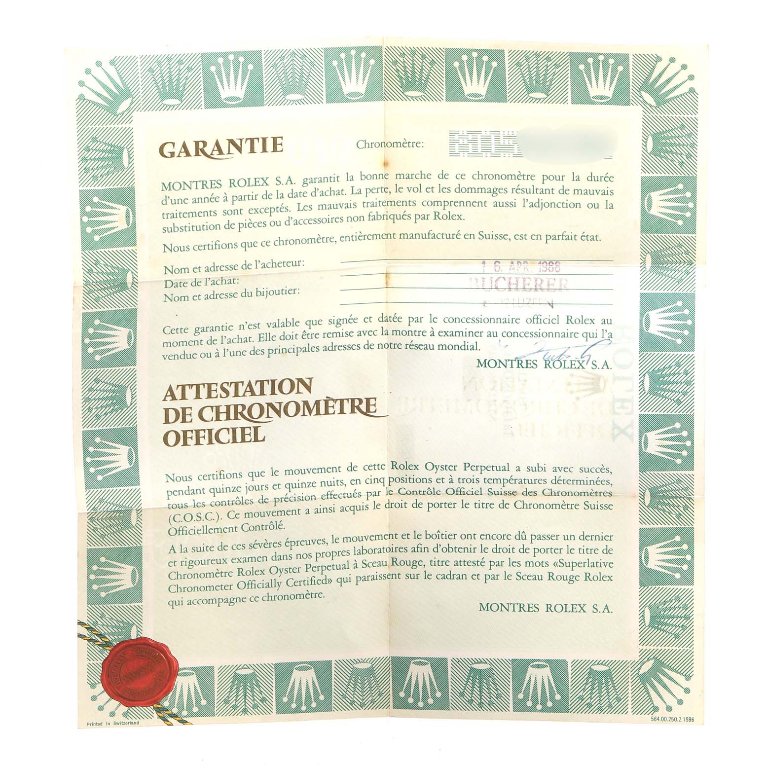 This image shows the warranty certificate for a Rolex President 18148 Men's Yellow Gold Champagne Dial 18148 Men's Yellow Gold Champagne Dial model, featuring a green border with the Rolex crown logo.