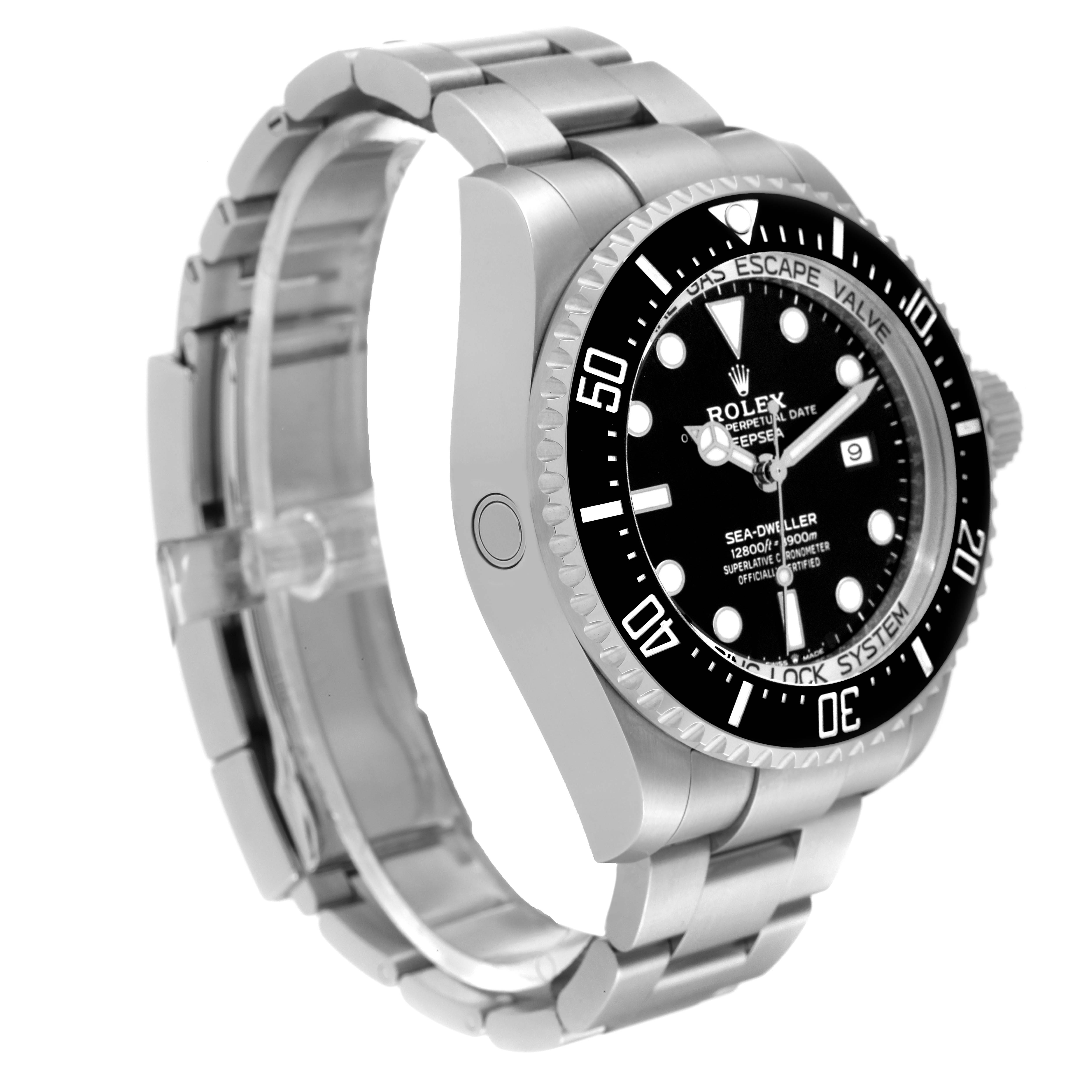 The image shows the side and front of a Rolex Sea-Dweller 126660 Men's Stainless Steel Black Dial 126660 Men's Stainless Steel Black Dial watch, highlighting its face, bezel, and bracelet.
