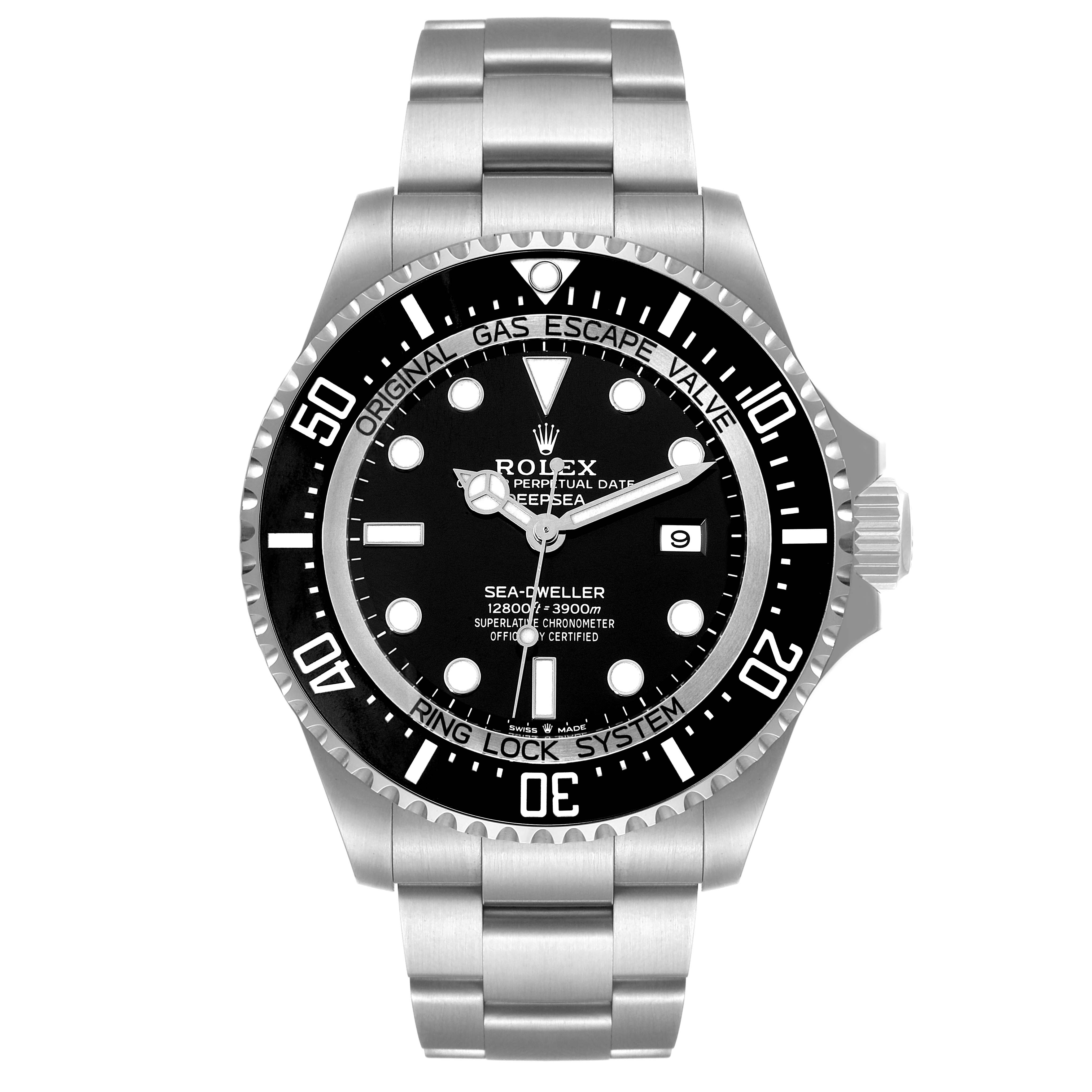 The image shows a frontal view of the Rolex Sea-Dweller 126660 Men's Stainless Steel Black Dial 126660 Men's Stainless Steel Black Dial watch, highlighting the dial, bezel, crown, and bracelet.