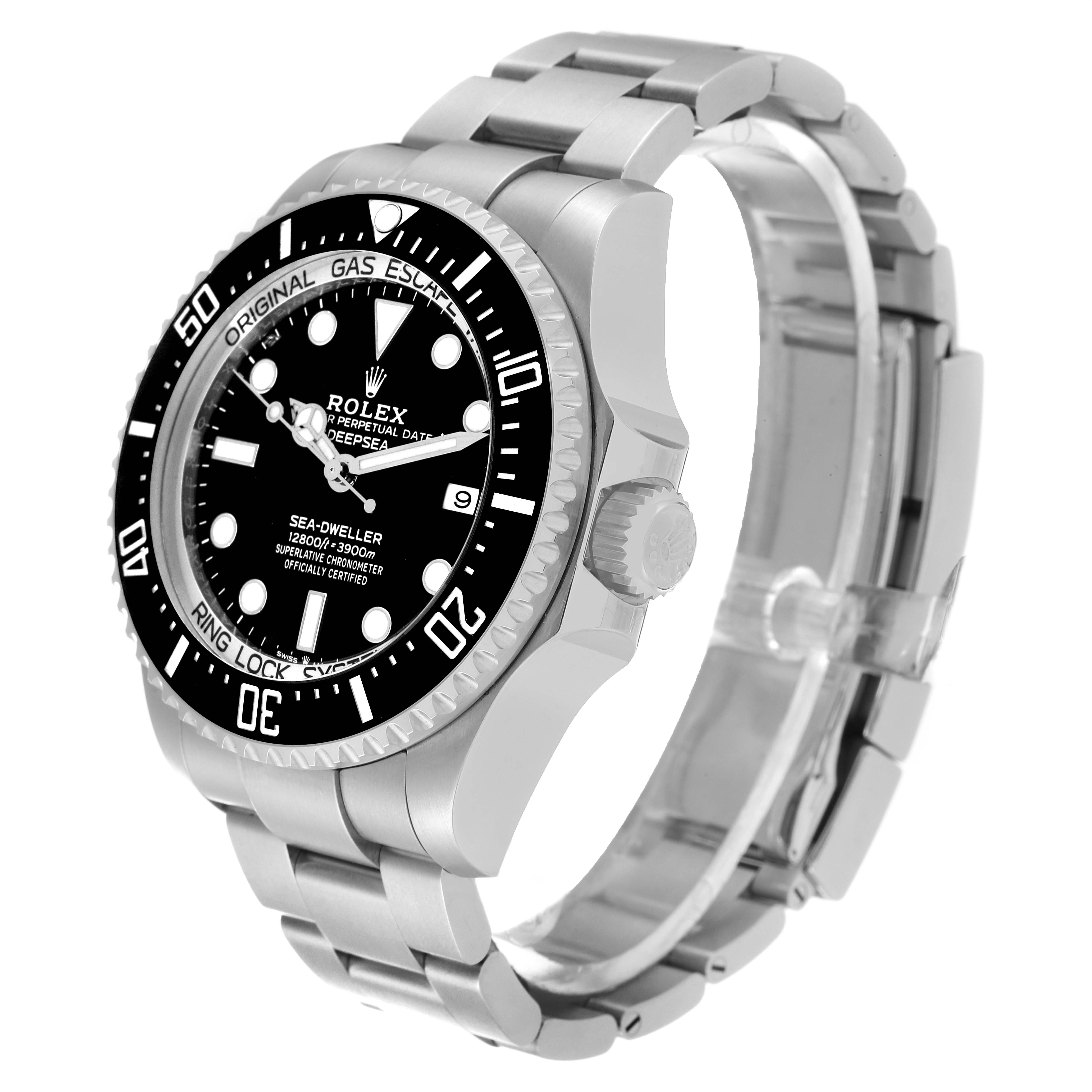 This image shows a side angle of the Rolex Sea-Dweller 126660 Men's Stainless Steel Black Dial 126660 Men's Stainless Steel Black Dial watch, highlighting the bezel, dial, case side, and bracelet.