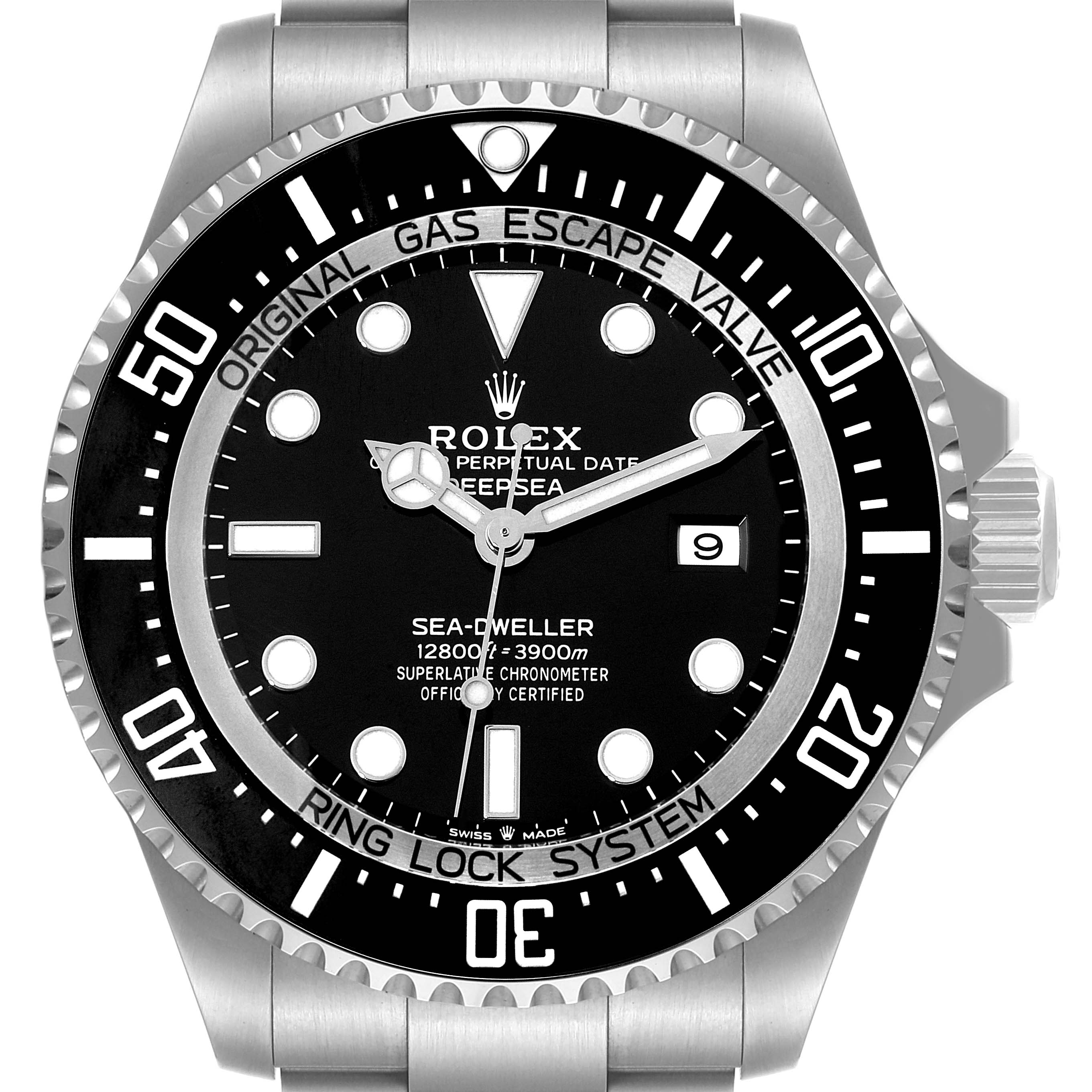 The image shows a front view of a Rolex Sea-Dweller 126660 Men's Stainless Steel Black Dial 126660 Men's Stainless Steel Black Dial watch, highlighting its bezel, dial, and crown.