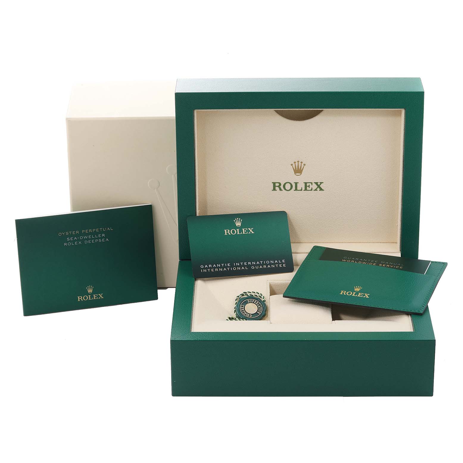 The image shows the packaging and accessories for a Rolex Sea-Dweller 126660 Men's Stainless Steel Black Dial 126660 Men's Stainless Steel Black Dial, including the box, manuals, and tags, viewed from the front.