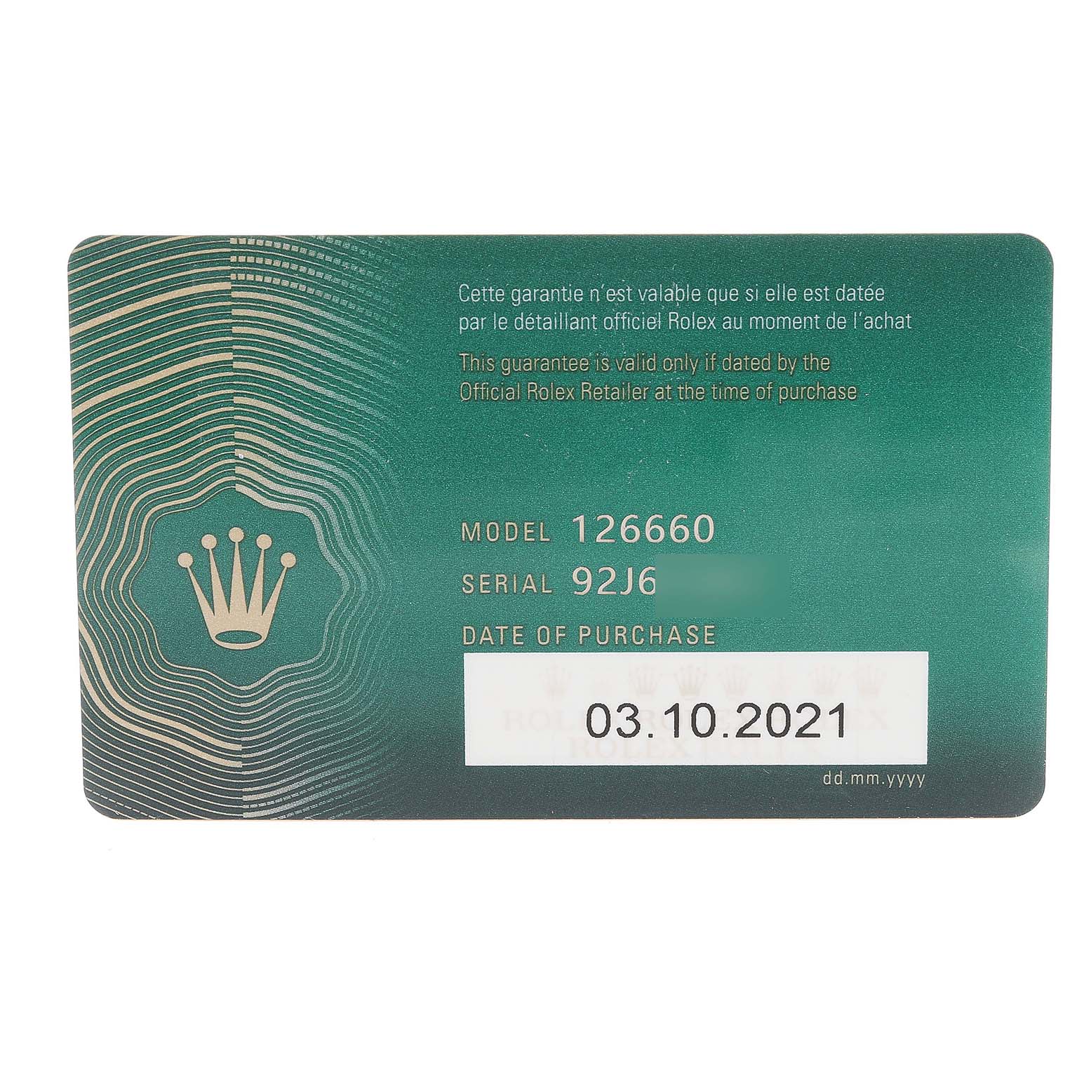 The image shows the guarantee card for the Rolex Sea-Dweller 126660 Men's Stainless Steel Black Dial 126660 Men's Stainless Steel Black Dial model 126660, including the serial number and date of purchase.