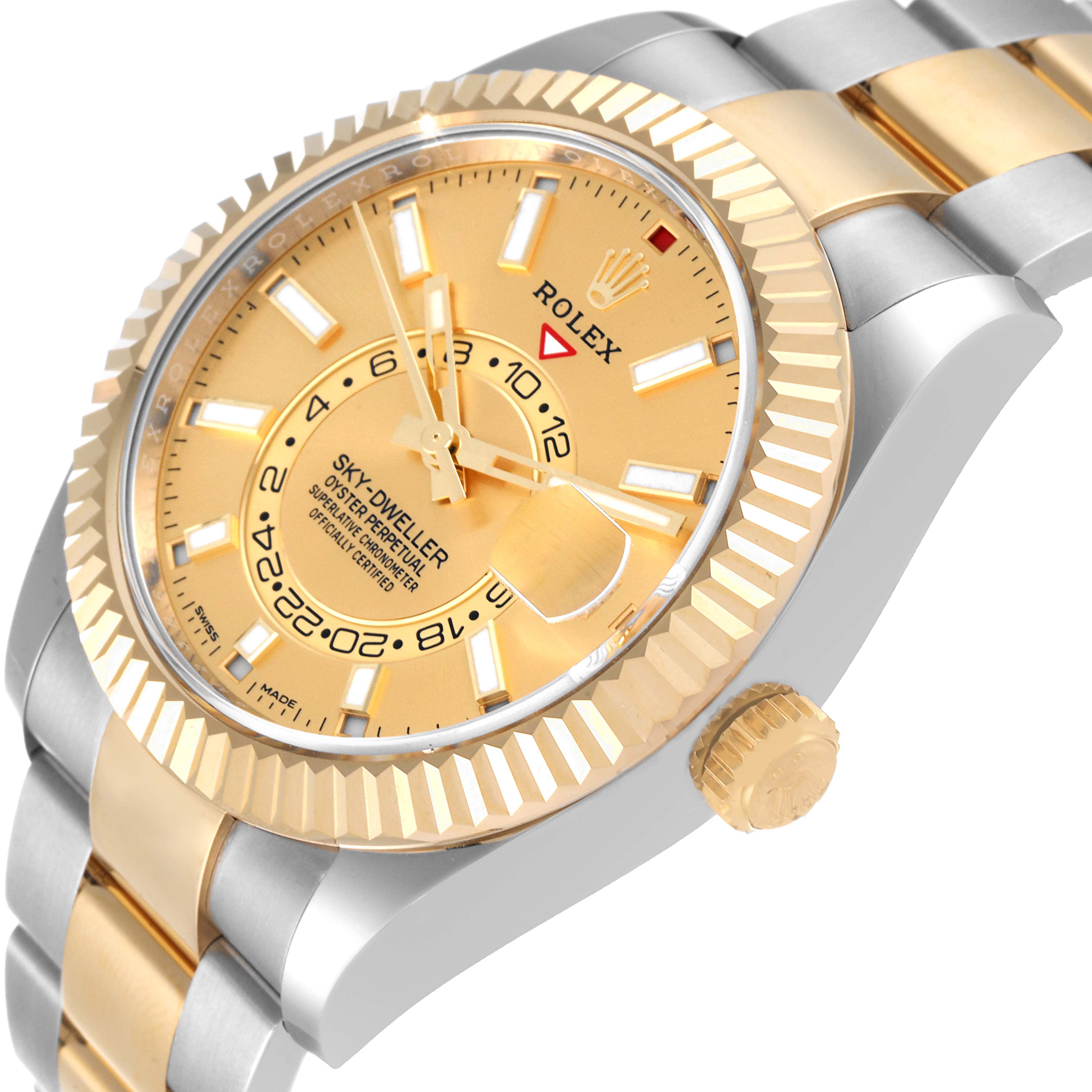The image shows a side angle of a Rolex Sky-Dweller 326933 Men's Steel and Gold (two tone) Champagne Dial 326933 Men's Steel and Gold (two tone) Champagne Dial watch, highlighting the dial, bezel, crown, and part of the bracelet.