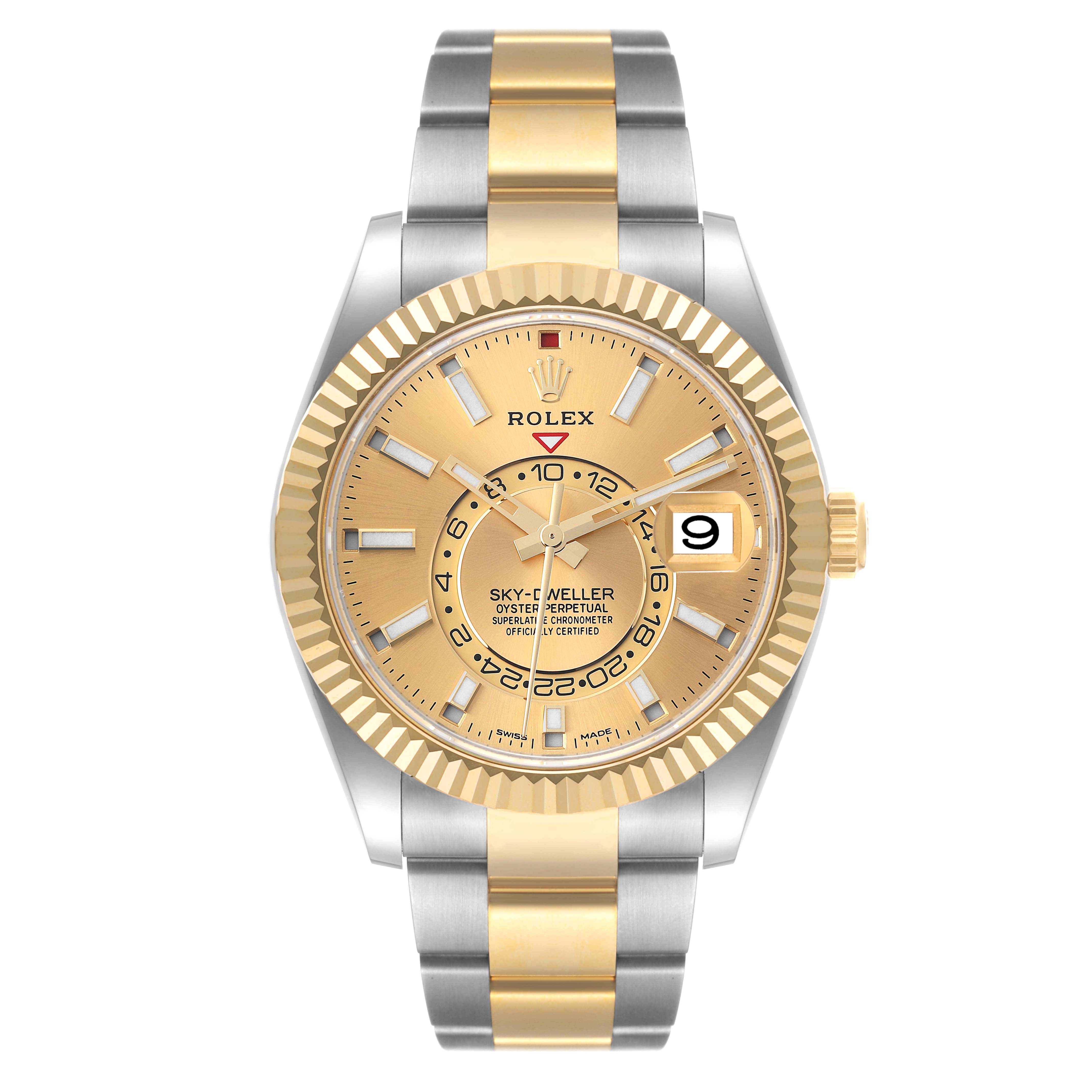 The image shows a frontal view of the Rolex Sky-Dweller 326933 Men's Steel and Gold (two tone) Champagne Dial 326933 Men's Steel and Gold (two tone) Champagne Dial model, featuring its dial, bezel, and two-tone bracelet.