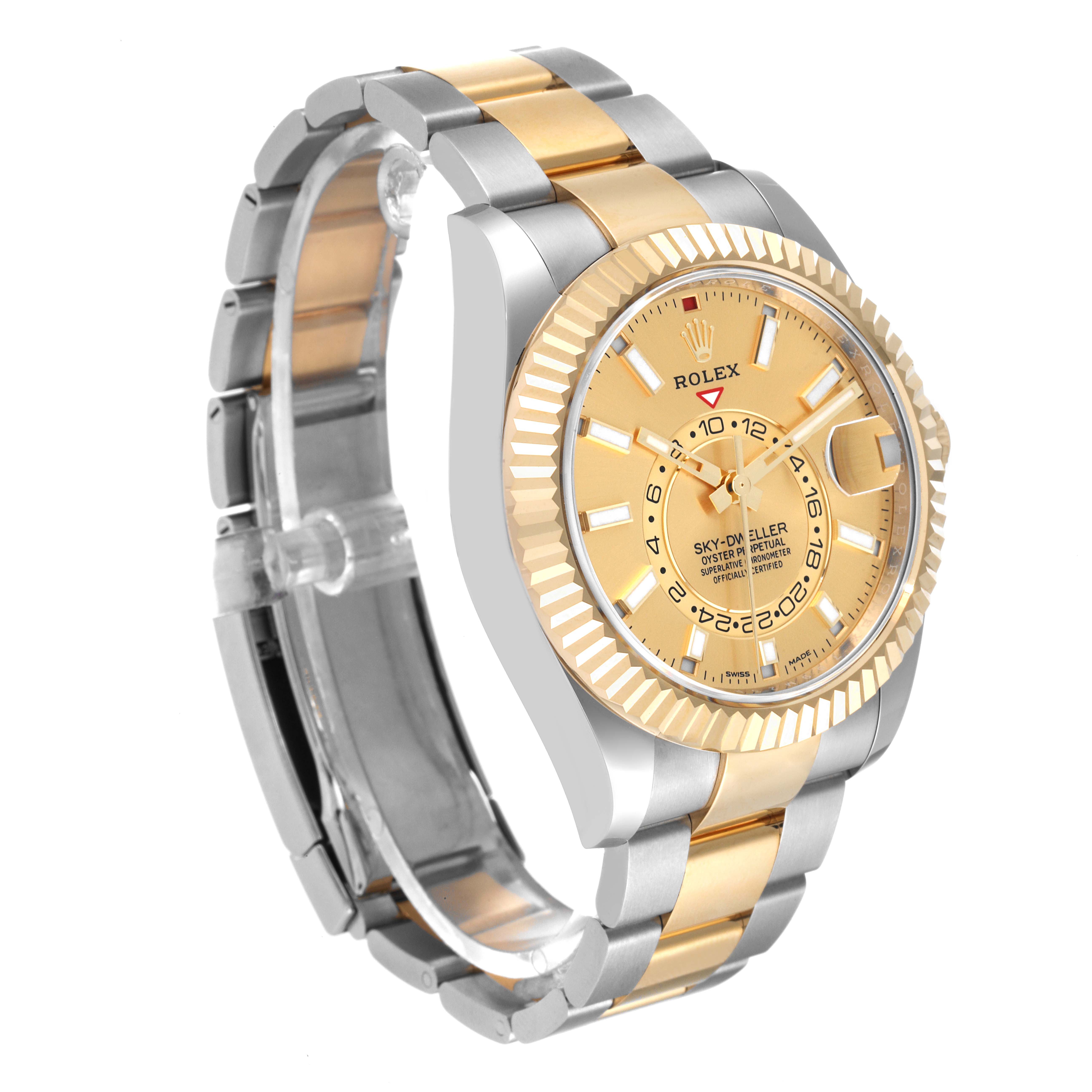 This Rolex Sky-Dweller 326933 Men's Steel and Gold (two tone) Champagne Dial 326933 Men's Steel and Gold (two tone) Champagne Dial watch is shown from an angle highlighting the face, bezel, and two-tone bracelet.