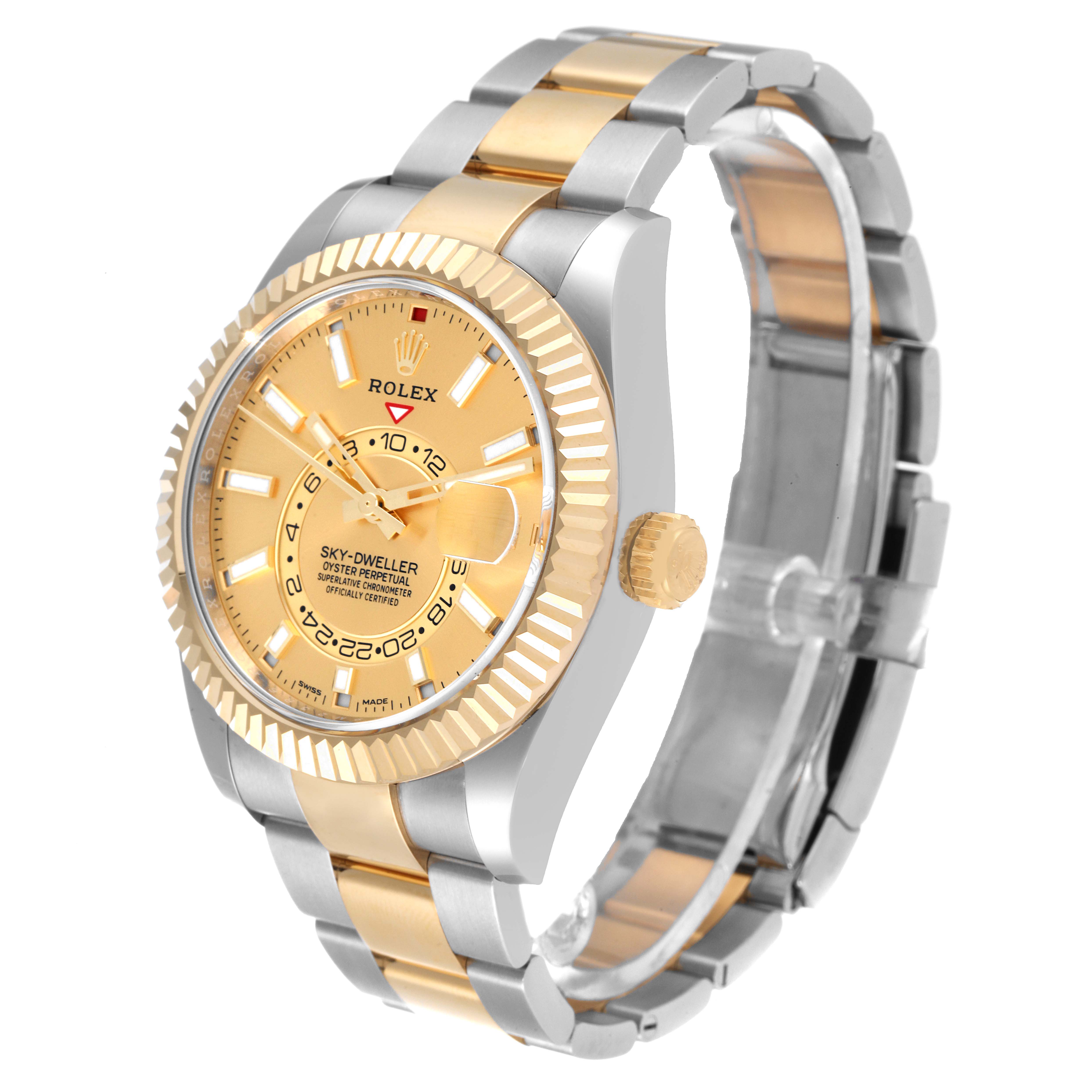 The Rolex Sky-Dweller 326933 Men's Steel and Gold (two tone) Champagne Dial 326933 Men's Steel and Gold (two tone) Champagne Dial watch is shown at a three-quarter angle, displaying the face, bezel, crown, and bracelet.