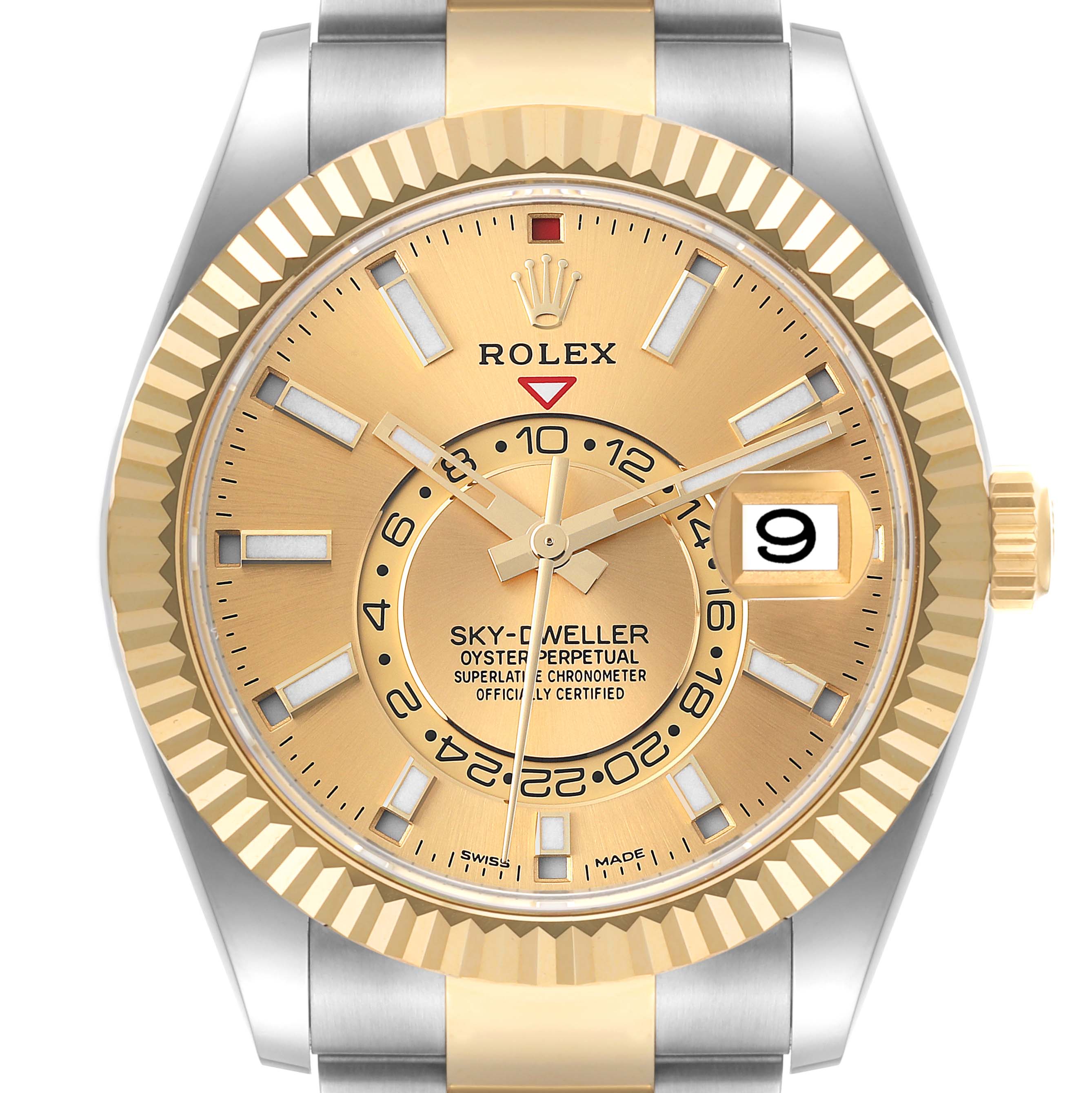 The image shows a front view of the Rolex Sky-Dweller 326933 Men's Steel and Gold (two tone) Champagne Dial 326933 Men's Steel and Gold (two tone) Champagne Dial, displaying the dial, hands, date window, and bezel.