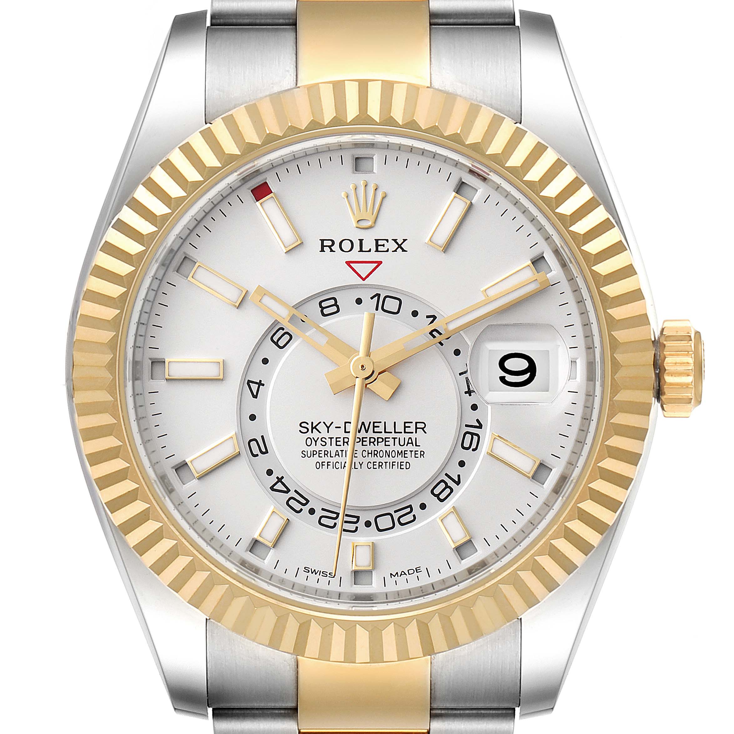 The image shows a front view of the Rolex Sky-Dweller 326933 Men's Steel and Gold (two tone) White Dial 326933 Men's Steel and Gold (two tone) White Dial watch, highlighting its dial, bezel, crown, and part of the bracelet.