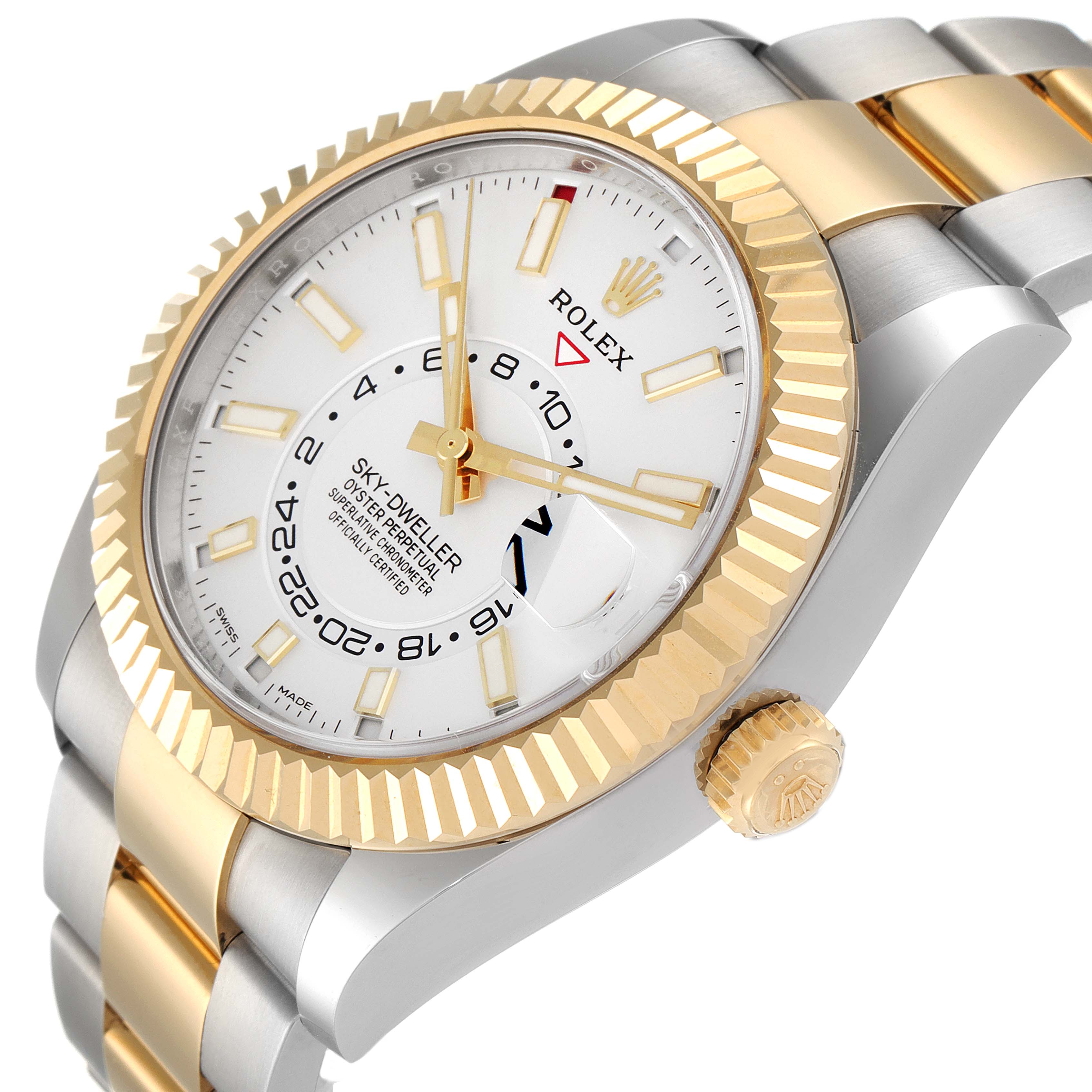 The Rolex Sky-Dweller 326933 Men's Steel and Gold (two tone) White Dial 326933 Men's Steel and Gold (two tone) White Dial watch is shown at an angle highlighting the face, bezel, crown, and part of the band.