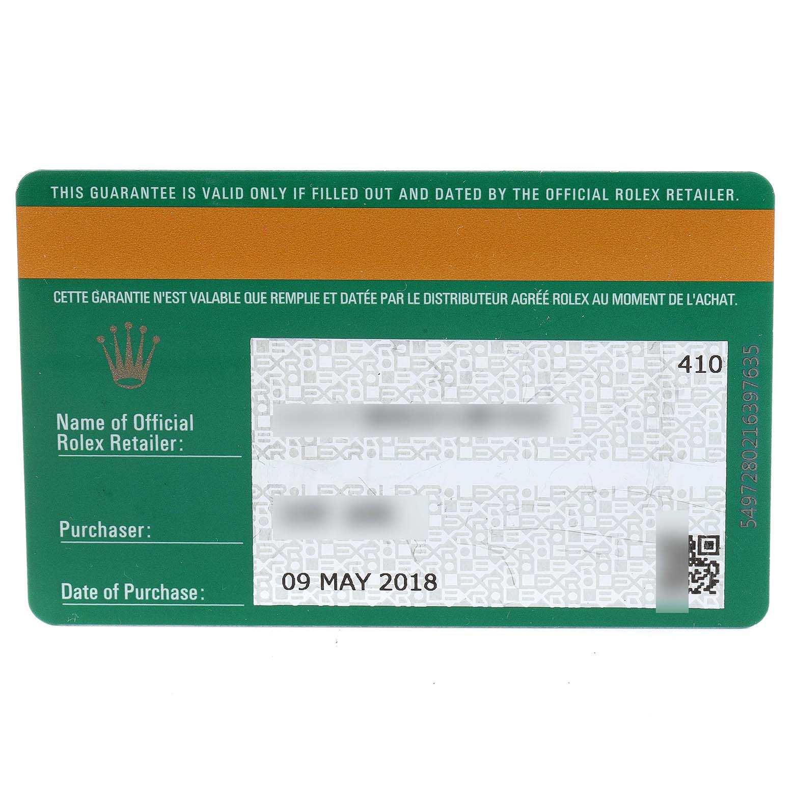 The image shows the guarantee card for the Rolex Sky-Dweller 326933 Men's Steel and Gold (two tone) White Dial 326933 Men's Steel and Gold (two tone) White Dial watch.