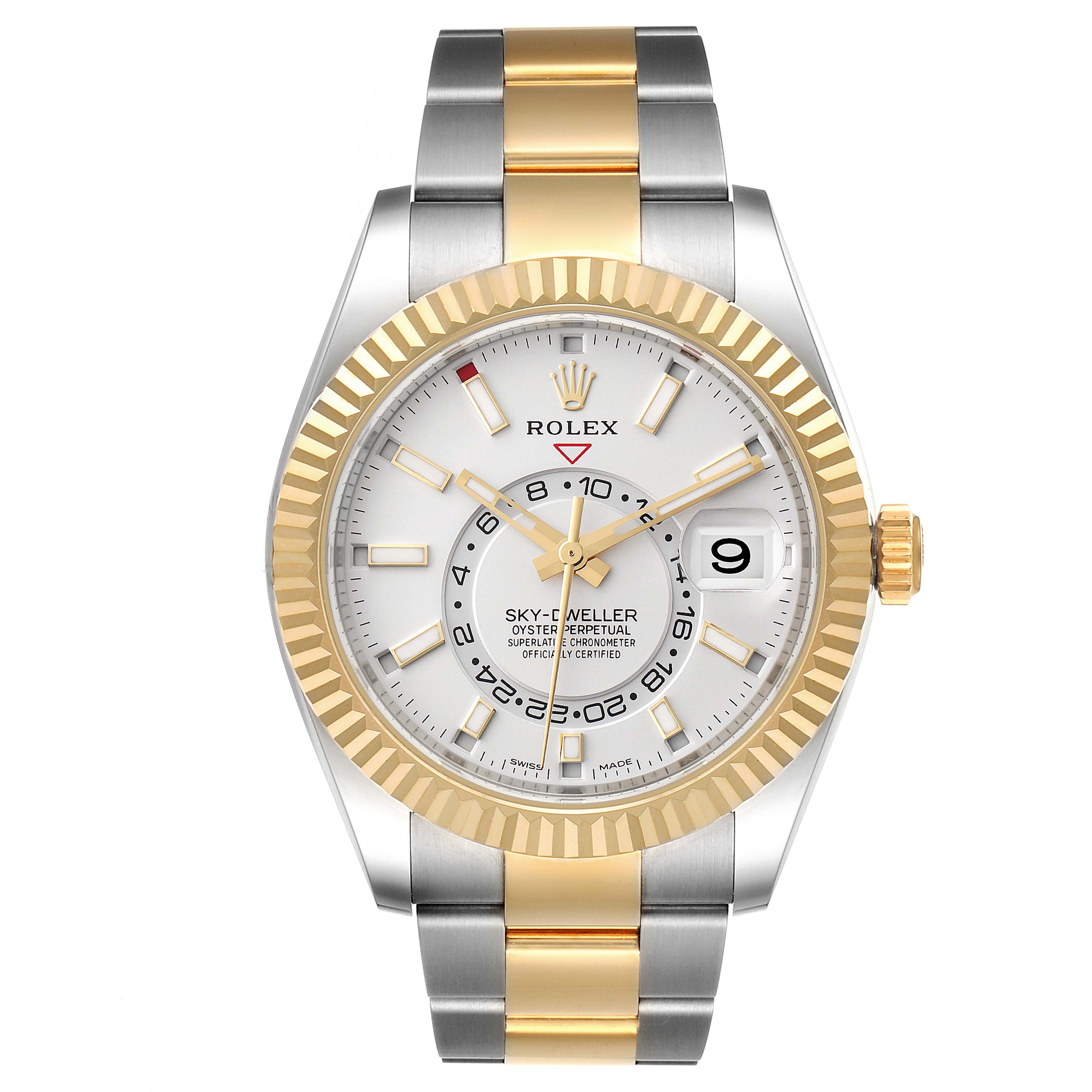 The image shows a front view of a Rolex Sky-Dweller 326933 Men's Steel and Gold (two tone) White Dial 326933 Men's Steel and Gold (two tone) White Dial watch, highlighting the dial, bezel, bracelet, and crown.