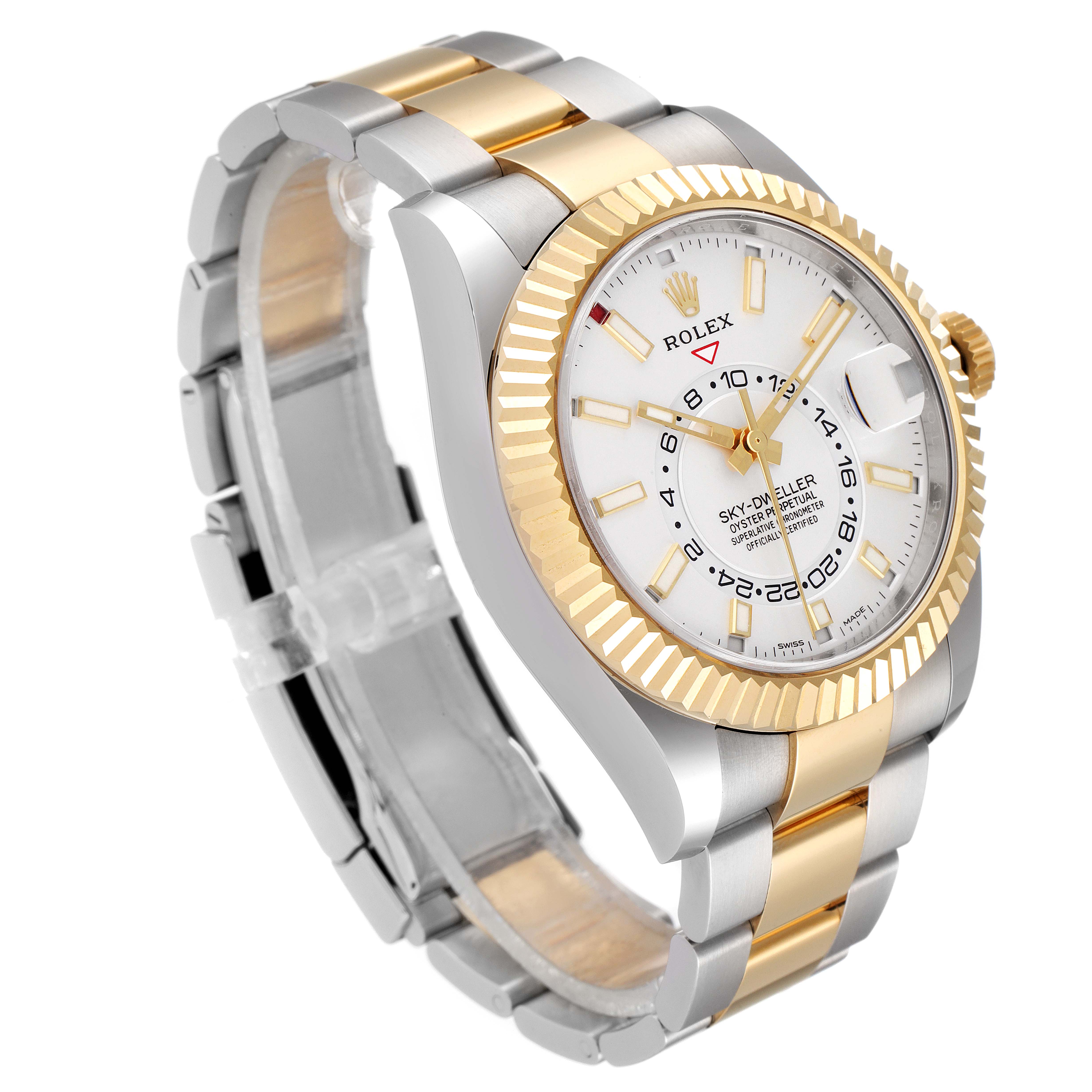 The image shows a Rolex Sky-Dweller 326933 Men's Steel and Gold (two tone) White Dial 326933 Men's Steel and Gold (two tone) White Dial watch at a slight angle, highlighting the bezel, dial, and two-tone bracelet.