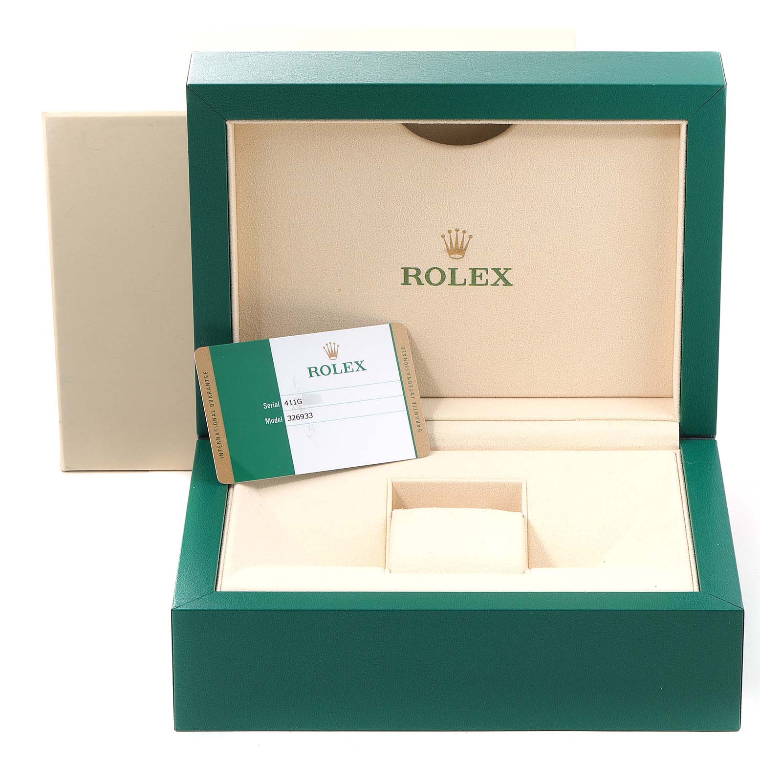 The image shows an open box for a Rolex Sky-Dweller 326933 Men's Steel and Gold (two tone) White Dial 326933 Men's Steel and Gold (two tone) White Dial, featuring the internal cushioned compartment and a warranty card.