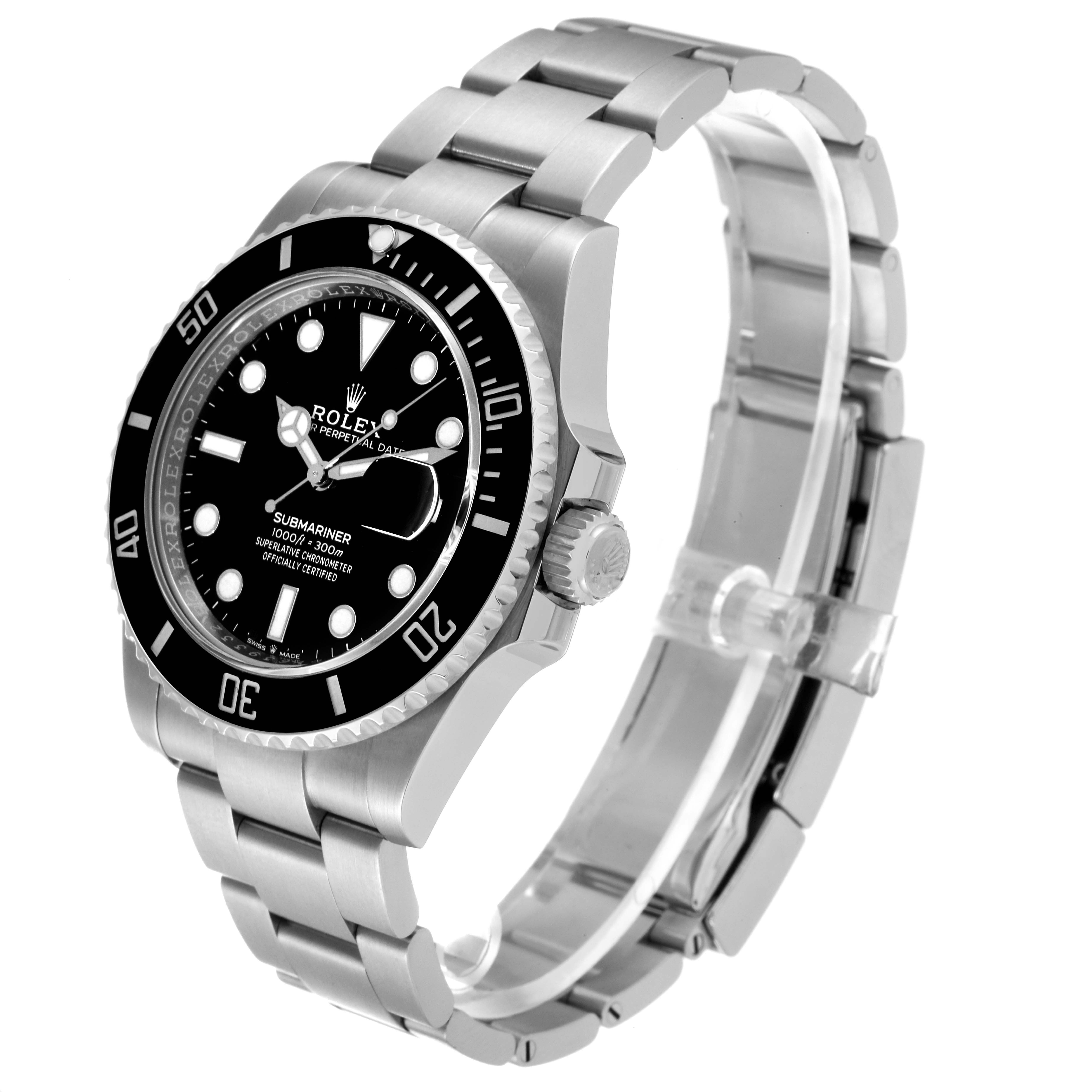 The image shows a three-quarter view of the Rolex Submariner 126610 Men's Stainless Steel Black Dial 126610 Men's Stainless Steel Black Dial watch, displaying its black dial, bezel, and stainless steel bracelet.