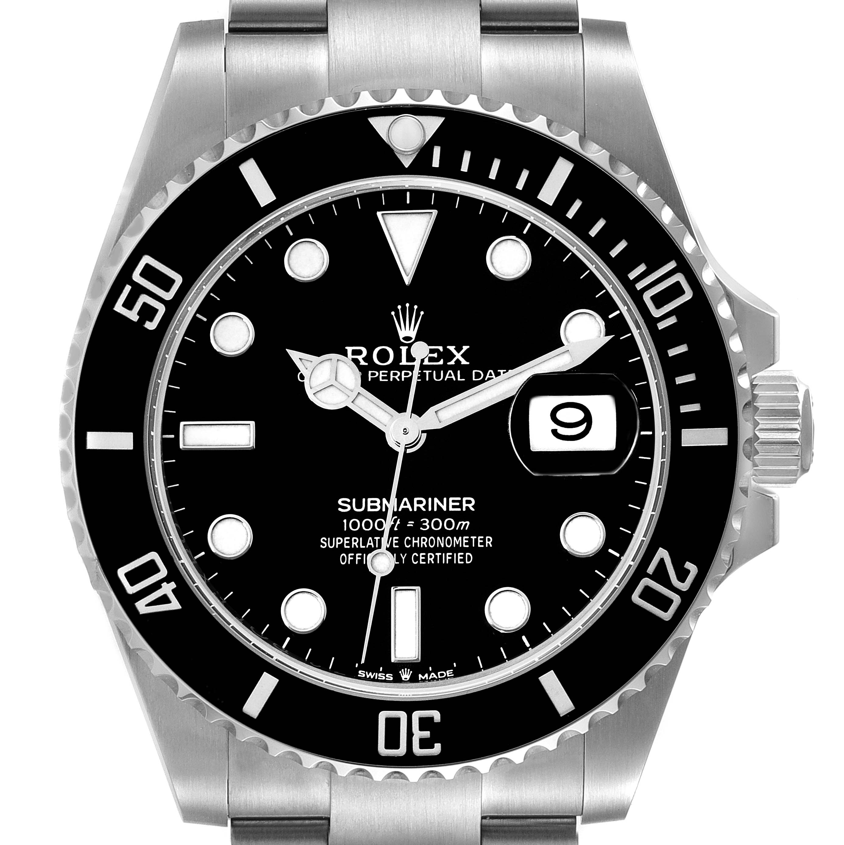 The image shows a head-on view of a Rolex Submariner 126610 Men's Stainless Steel Black Dial 126610 Men's Stainless Steel Black Dial watch, displaying the dial, bezel, crown, and part of the bracelet.