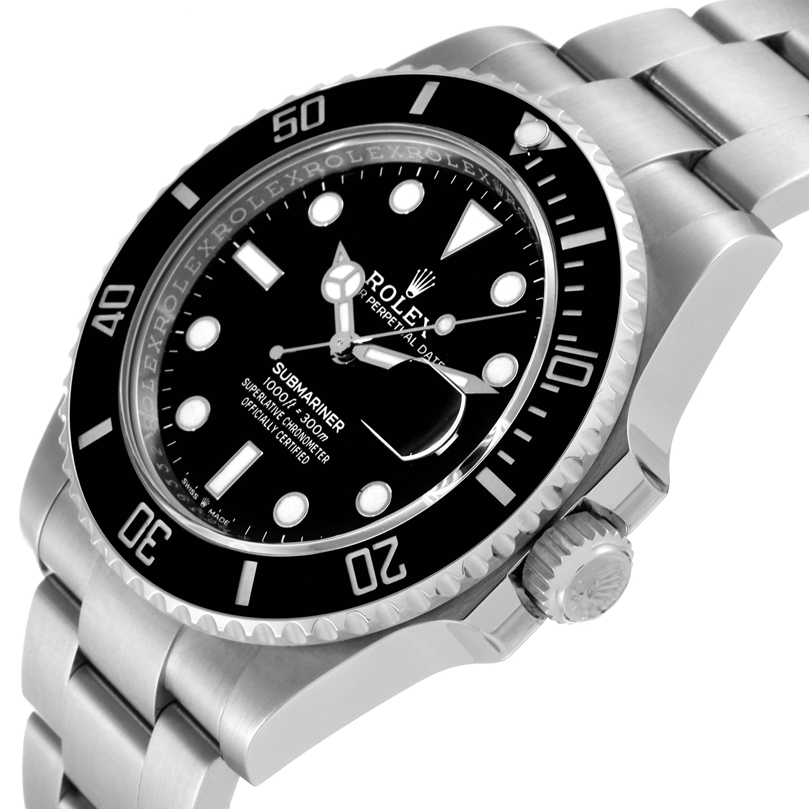 This image of the Rolex Submariner 126610 Men's Stainless Steel Black Dial 126610 Men's Stainless Steel Black Dial watch shows an angled view highlighting the face, bezel, crown, and metal bracelet.