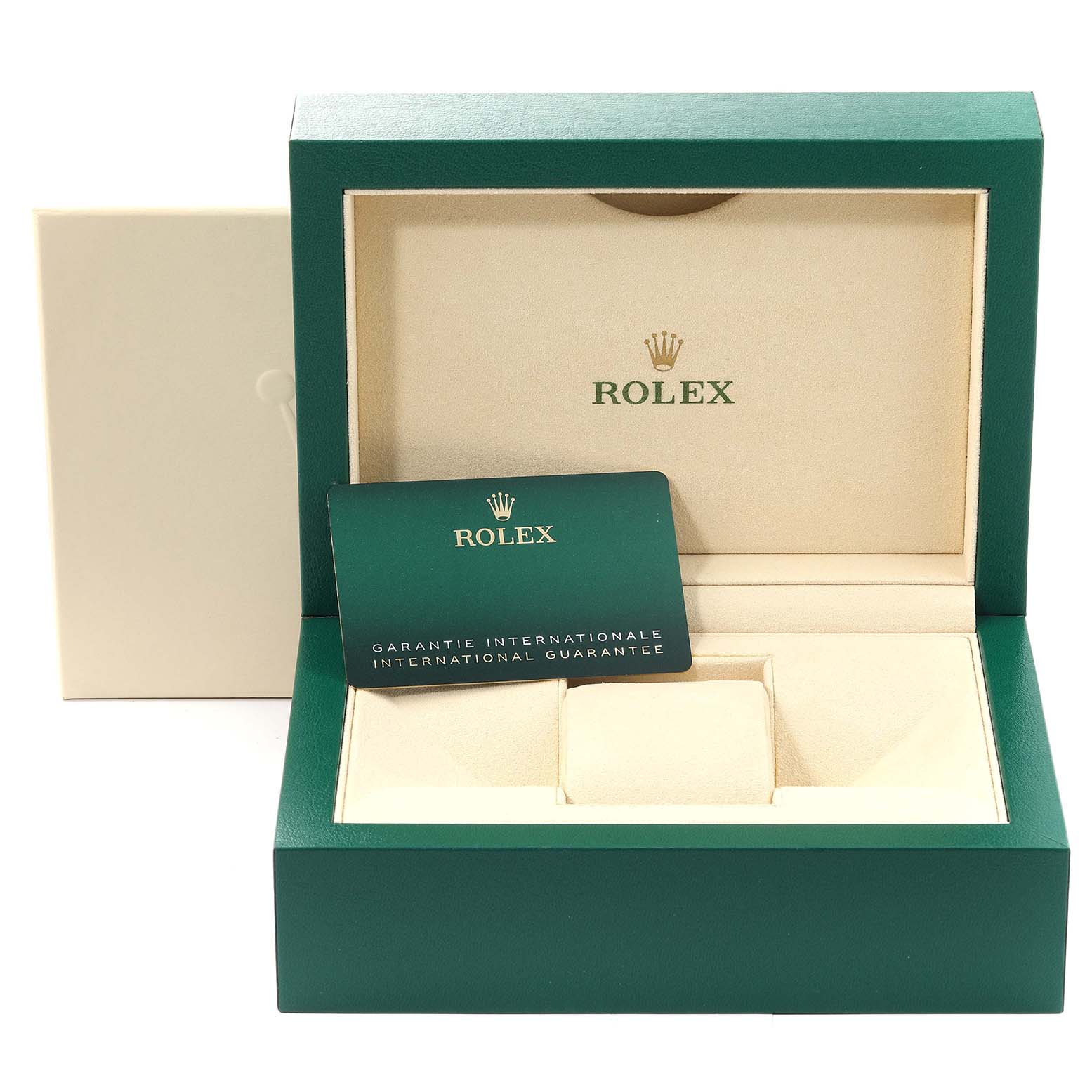 The image shows a Rolex Submariner 126610 Men's Stainless Steel Black Dial 126610 Men's Stainless Steel Black Dial box with the international guarantee card displayed inside.