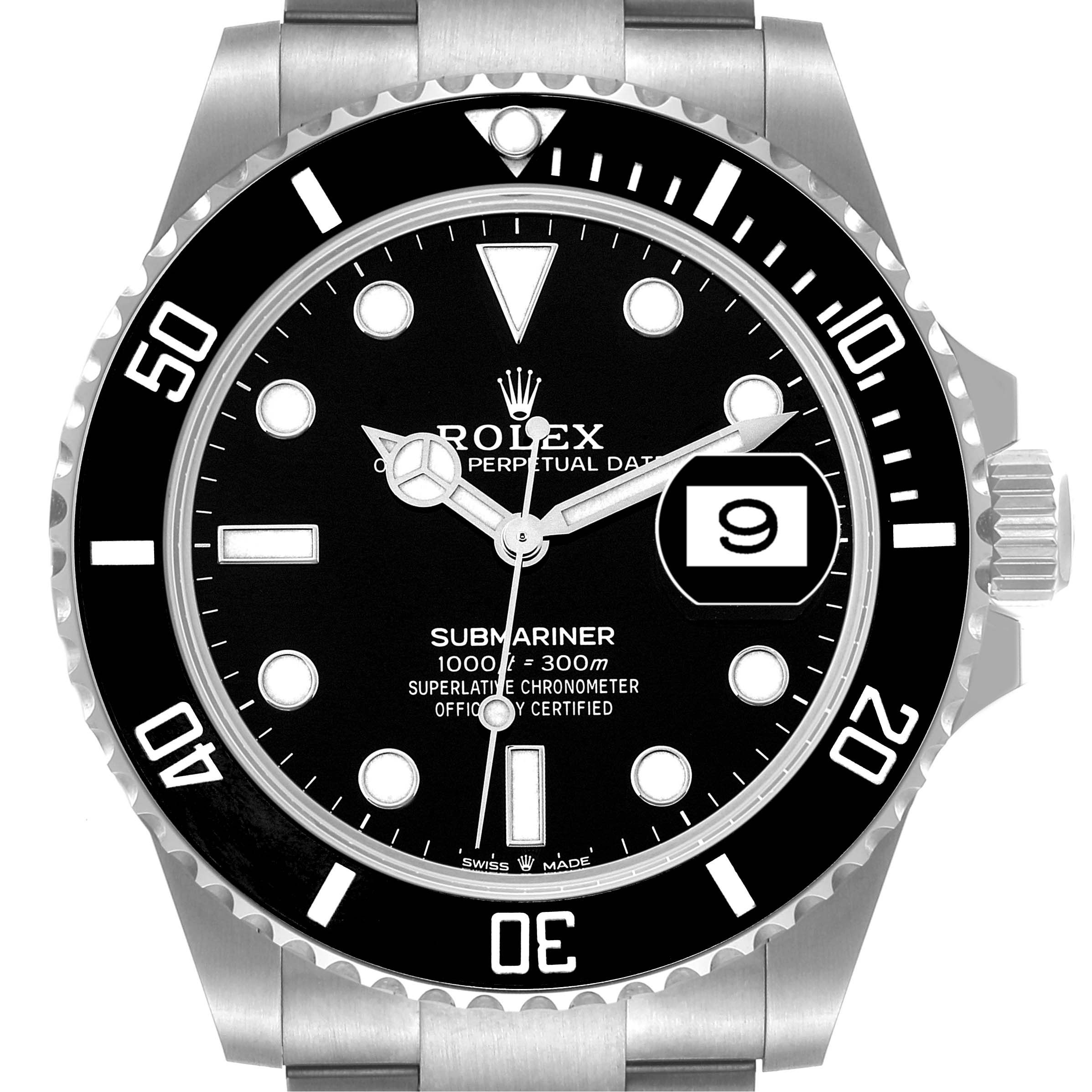This image shows the front view of a Rolex Submariner 126610 Men
s Stainless Steel Black Dial 126610 Men
s Stainless Steel Black Dial watch, showcasing the dial, bezel, and part of the bracelet.