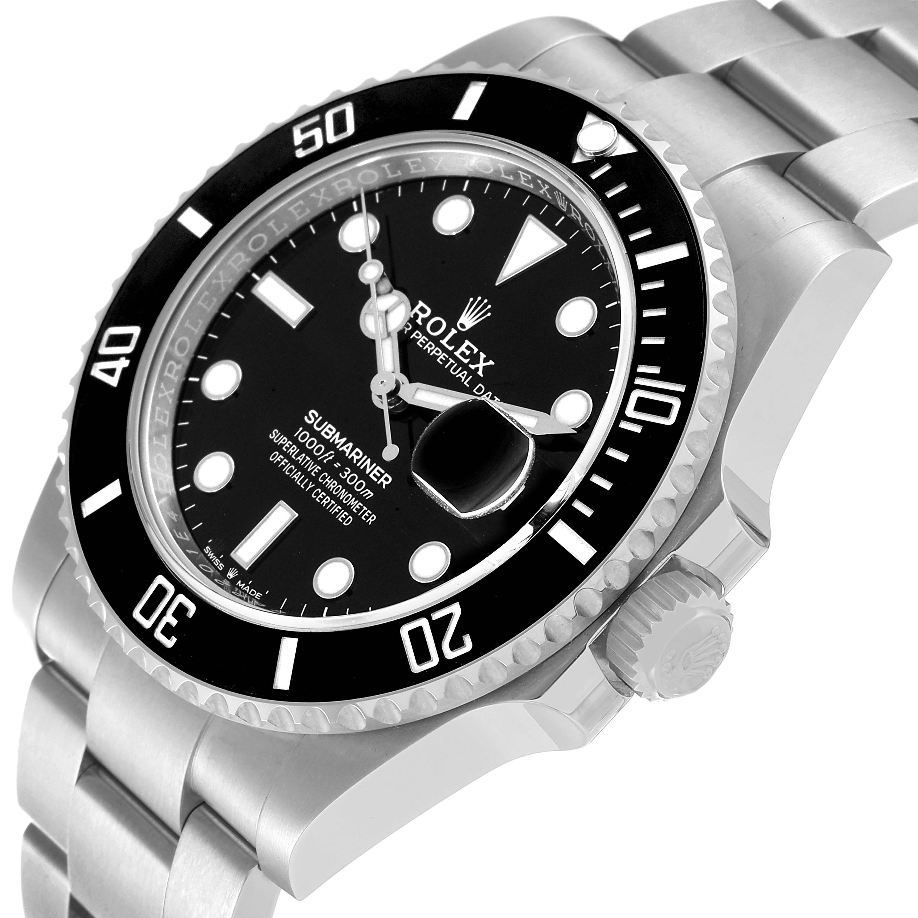 The image shows a side angle of the Rolex Submariner 126610 Men
s Stainless Steel Black Dial 126610 Men
s Stainless Steel Black Dial watch, highlighting the bezel, dial, bracelet, and crown.